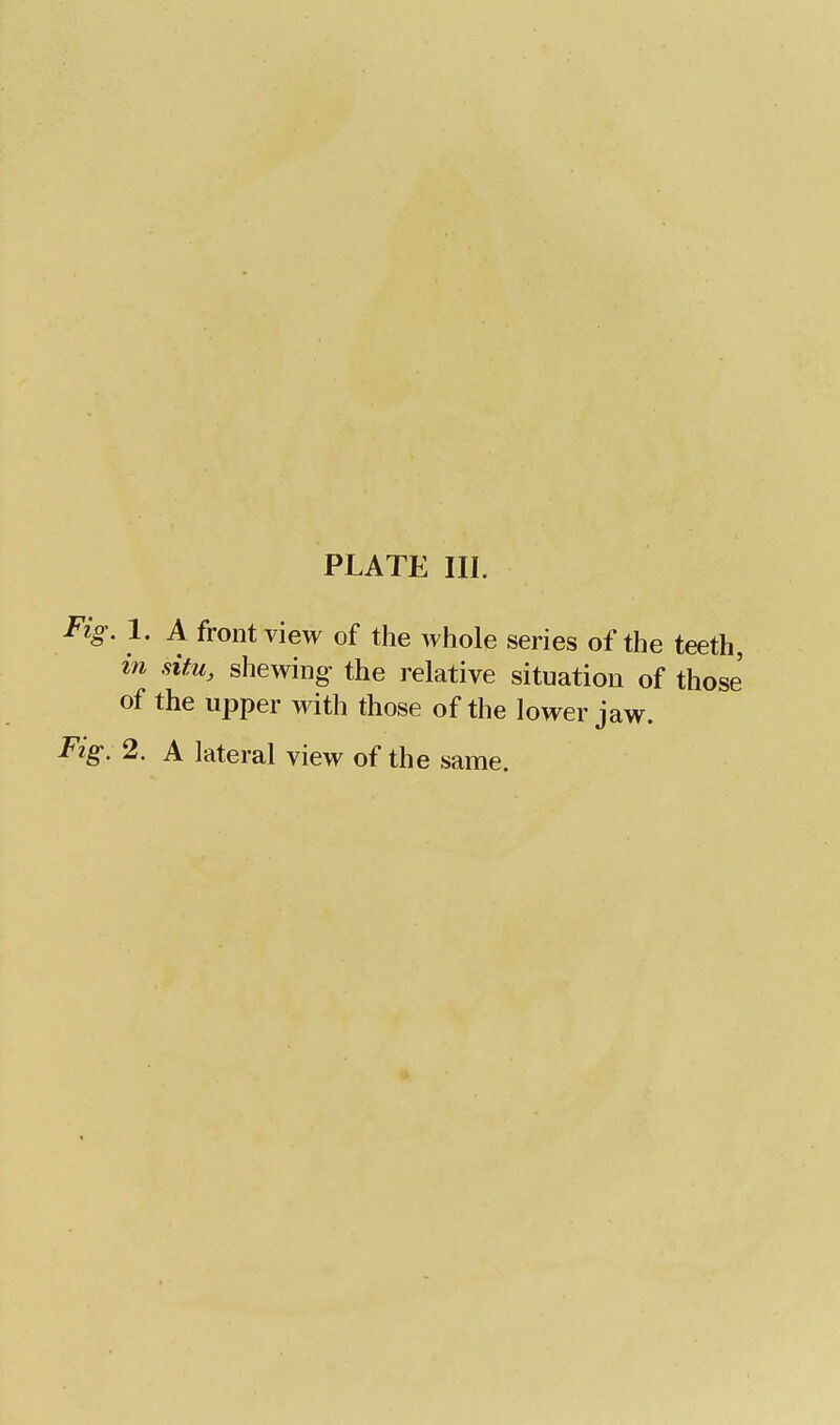 Fig. 1. A front view of the whole series of the teeth, in situ, shewing the relative situation of those of the upper with those of the lower jaw. Fig. 2. A lateral view of the same.