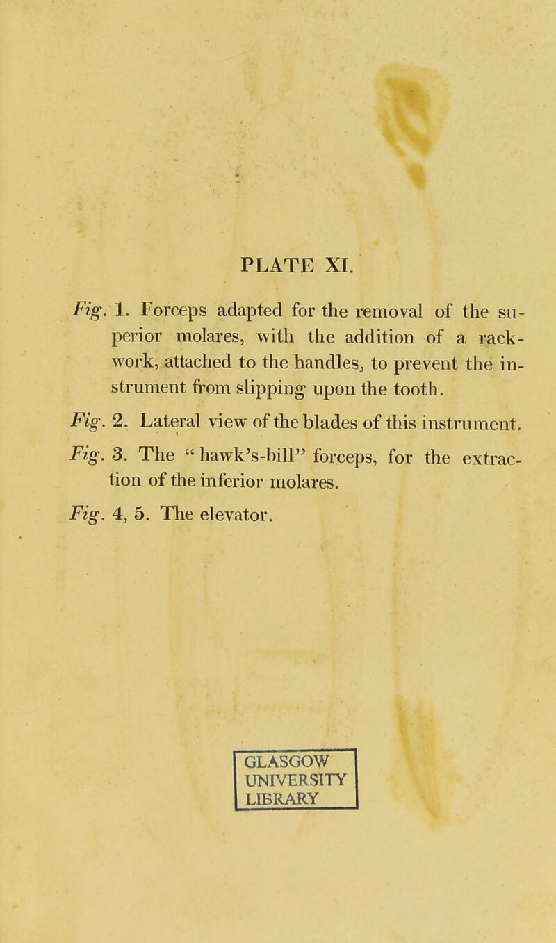Fig, y. Forceps adapted for the removal of the su- perior molares, with the addition of a rack- work, attached to the handles, to prevent the in- strument from slipping upon the tooth. Fig. 2. Lateral view of the blades of this instrument. Fig. 3. The  hawk's-bill forceps, for the extrac- tion of the inferior molares. Fig. 4, 5. The elevator. GLASGOW UMIVERSITY LIBRARY