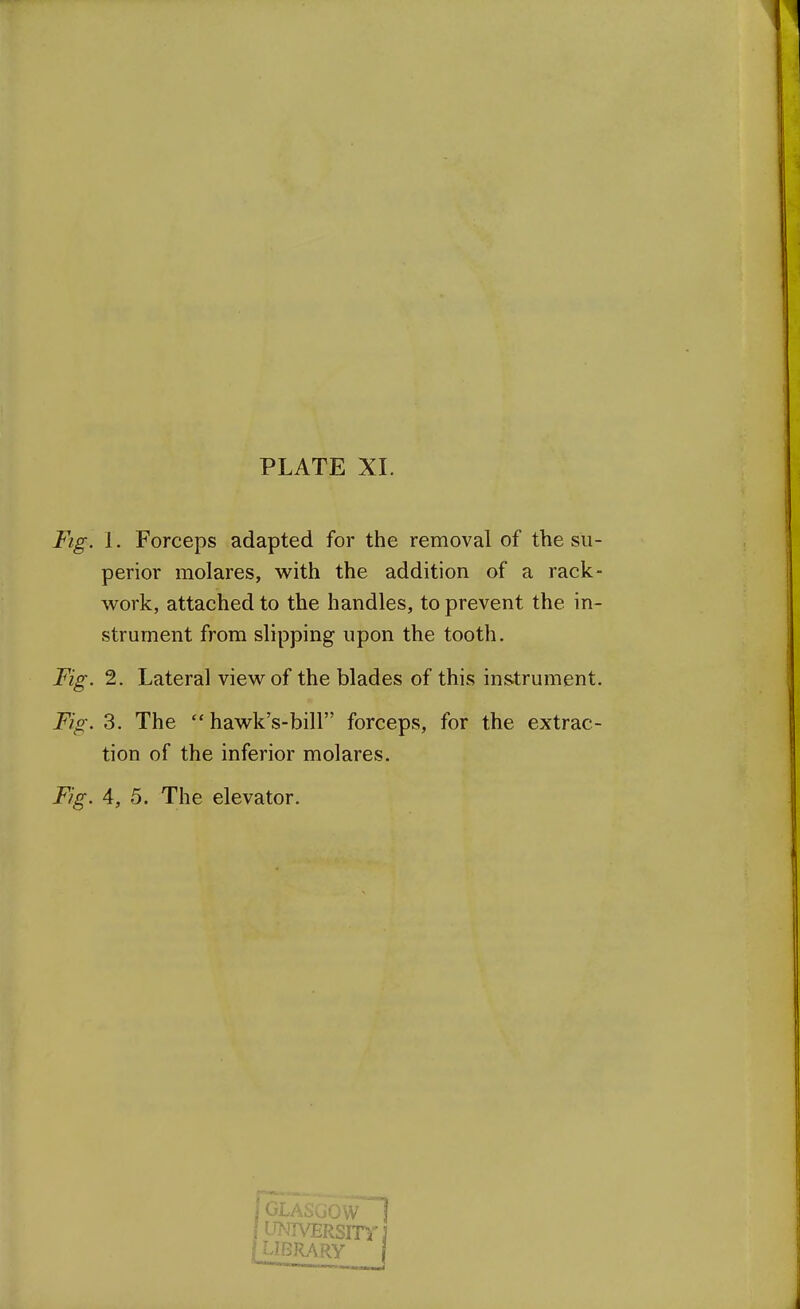 Fig. 1. Forceps adapted for the removal of the su- perior molares, with the addition of a rack- work, attached to the handles, to prevent the. in- strument from slipping upon the tooth. Fig. 2. Lateral view of the blades of this instrument. Fig. 3. The  hawk's-bill forceps, for the extrac- tion of the inferior molares. Fig. 4, 5. The elevator. j Glasgow! {UNIVERSITY J [LIBRARY