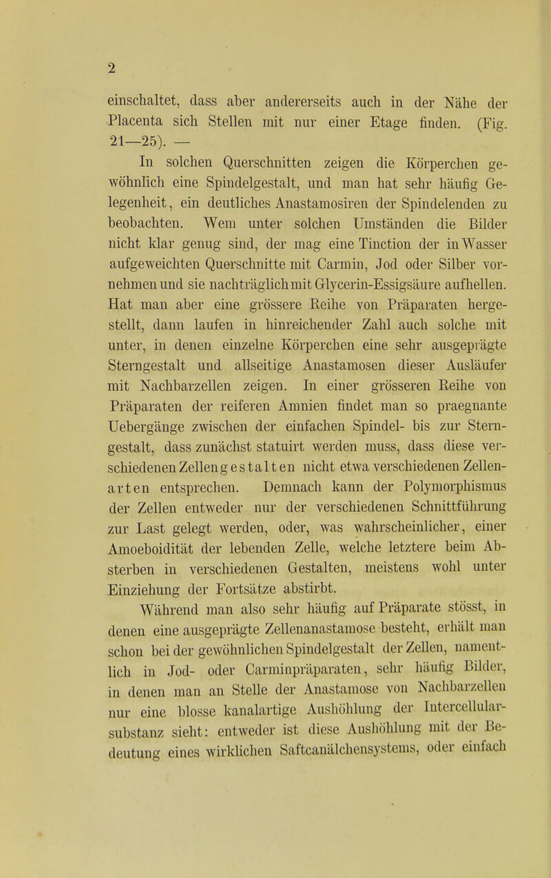 einschaltet, dass aber andererseits auch in der Nähe der Placenta sich Stellen mit nur einer Etage finden. (Fig. 21—25). — In solchen Querschnitten zeigen die Körperchen ge- wöhnlich eine Spindelgestalt, und man hat sehr häufig Ge- legenheit , ein deutliches Anastamosiren der Spindelenden zu beobachten. Wem unter solchen Umständen die Bilder nicht klar genug sind, der mag eine Tinction der in Wasser aufgeweichten Querschnitte mit Carmin, Jod oder Silber vor- nehmen und sie nachträglich mit Glycerin-Essigsäure aufhellen. Hat man aber eine grössere Reihe von Präparaten herge- stellt, dann laufen in hinreichender Zahl auch solche mit unter, in denen einzelne Körperchen eine sehr ausgeprägte Sterngestalt und allseitige Anastamosen dieser Ausläufer mit Nachbarzellen zeigen. In einer grösseren Reihe von Präparaten der reiferen Amnien findet man so praegnante Uebergänge zwischen der einfachen Spindel- bis zur Stern- gestalt, dass zunächst statuirt werden muss, dass diese ver- schiedenen Zellengestalten nicht etwa verschiedenen Zellen- art en entsprechen. Demnach kann der Polymorphismus der Zellen entweder nur der verschiedenen Schnittführung zur Last gelegt werden, oder, was wahrscheinlicher, einer Amoeboidität der lebenden Zelle, welche letztere beim Ab- sterben in verschiedenen Gestalten, meistens wohl unter Einziehung der Fortsätze abstirbt. Während man also sehr häufig auf Präparate stösst, in denen eine ausgeprägte Zellenanastamose besteht, erhält man schon bei der gewöhnlichen Spindelgestalt der Zellen, nament- lich in Jod- oder Carmiopräparaten, sehr häufig Bilder, in denen man an Stelle der Anastamose von Nachbar/eilen nur eine blosse kanalartige Aushöhlung der Iutercellular- substanz sieht: entweder ist diese Aushöhlung mit der Be- deutung eines wirklichen Saftcanälchensystems, oder einfach