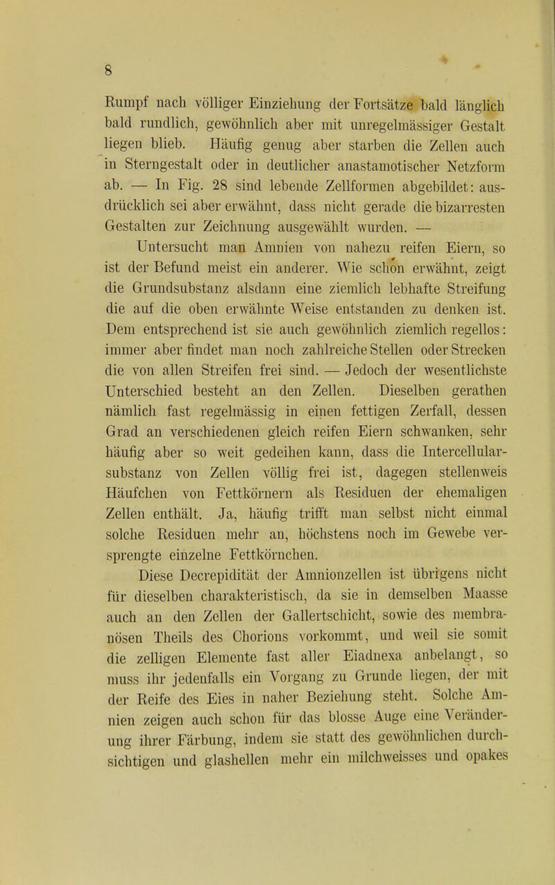 Rumpf nach völliger Einziehung der Fortsätze bald länglich bald rundlich, gewöhnlich aber mit unregelmässiger Gestalt liegen blieb. Häufig genug aber starben die Zellen auch in Sterngestalt oder in deutlicher anastamotischer Netzform ab. — In Fig. 28 sind lebende Zellformen abgebildet: aus- drücklich sei aber erwähnt, dass nicht gerade die bizarresten Gestalten zur Zeichnung ausgewählt wurden. — Untersucht man Ammen von nahezu reifen Eiern, so ist der Befund meist ein anderer. Wie schon erwähnt, zeigt die Grundsubstanz alsdann eine ziemlich lebhafte Streifung die auf die oben erwähnte Weise entstanden zu denken ist. Dem entsprechend ist sie auch gewöhnlich ziemlich regellos: immer aber findet man noch zahlreiche Stellen oder Strecken die von allen Streifen frei sind. — Jedoch der wesentlichste Unterschied besteht an den Zellen. Dieselben gerathen nämlich fast regelmässig in einen fettigen Zerfall, dessen Grad an verschiedenen gleich reifen Eiern schwanken, sehr häufig aber so weit gedeihen kann, dass die Intercellular- substanz von Zellen völlig frei ist, dagegen stellenweis Häufchen von Fettkörnern als Residuen der ehemaligen Zellen enthält. Ja, häufig trifft man selbst nicht einmal solche Residuen mehr an, höchstens noch im Gewebe ver- sprengte einzelne Fettkörnchen. Diese Decrepidität der Amnionzellen ist übrigens nicht für dieselben charakteristisch, da sie in demselben Maasse auch an den Zellen der Gallertschicht, sowie des membra- nösen Theils des Chorions vorkommt, und weil sie somit die zelligen Elemente fast aller Eiadnexa anbelangt, so muss ihr jedenfalls ein Vorgang zu Grunde liegen, der mit der Reife des Eies in naher Beziehung steht. Solche Am- nien zeigen auch schon für das blosse Auge eine Veränder- ung ihrer Färbung, indem sie statt des gewöhnlichen durch- sichtigen und glashellen mehr ein milchweisses und opakes