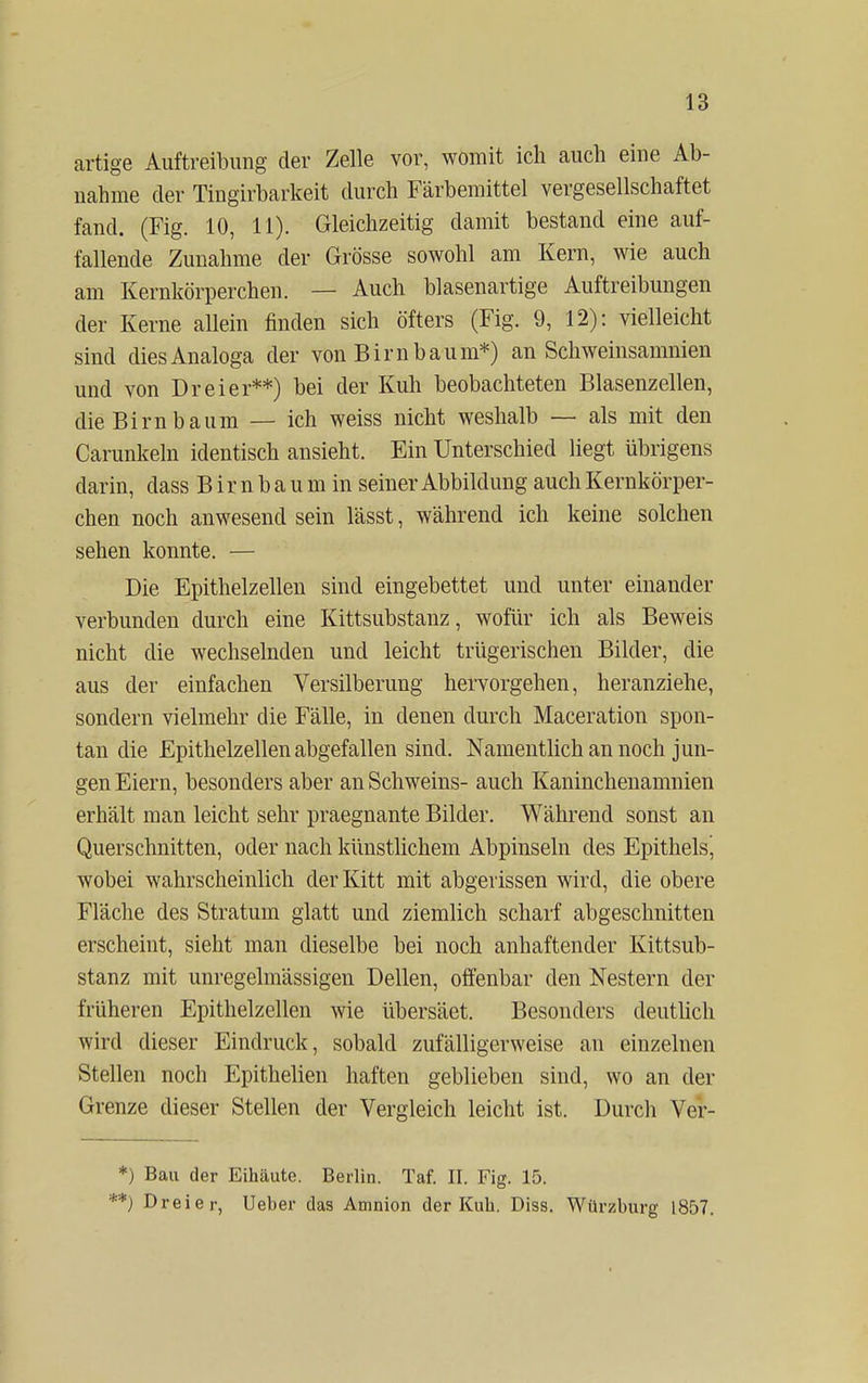 artige Auftreibimg der Zelle vor, womit ich auch eine Ab- nahme der Tingirbarkeit durch Färbemittel vergesellschaftet fand. (Fig. 10, 11). Gleichzeitig damit bestand eine auf- fallende Zunahme der Grösse sowohl am Kern, wie auch am Kernkörperchen. — Auch blasenartige Auftreibungen der Kerne allein finden sich öfters (Fig. 9, 12): vielleicht sind dies Analoga der von Birnbaum*) an Schweinsamnien und von Dreier**) bei der Kuh beobachteten Blasenzellen, die Birnbaum — ich weiss nicht weshalb — als mit den Carunkeln identisch ansieht. Ein Unterschied liegt übrigens darin, dass B i r n b a u m in seiner Abbildung auch Kernkörper- chen noch anwesend sein lässt, während ich keine solchen sehen konnte. — Die Epithelzellen sind eingebettet und unter einander verbunden durch eine Kittsubstanz, wofür ich als Beweis nicht die wechselnden und leicht trügerischen Bilder, die aus der einfachen Versilberung hervorgehen, heranziehe, sondern vielmehr die Fälle, in denen durch Maceration spon- tan die Epithelzellen abgefallen sind. Namentlich an noch jun- gen Eiern, besonders aber an Schweins- auch Kaninchenamnien erhält man leicht sehr praegnante Bilder. Während sonst an Querschnitten, oder nach künstlichem Abpinseln des Epithels^ wobei wahrscheinlich der Kitt mit abgerissen wird, die obere Fläche des Stratum glatt und ziemlich scharf abgeschnitten erscheint, sieht man dieselbe bei noch anhaftender Kittsub- stanz mit unregelmässigen Dellen, offenbar den Nestern der früheren Epithelzellen wie übersäet. Besonders deutlich wird dieser Eindruck, sobald zufälligerweise an einzelnen Stellen noch Epithelien haften geblieben sind, wo an der Grenze dieser Stellen der Vergleich leicht ist. Durch Ver- *) Bau der Eihäute. Berlin. Taf. II. Fig. 15. *) Dreier, Ueber das Amnion der Kuh. Diss. Würzburg 1857.