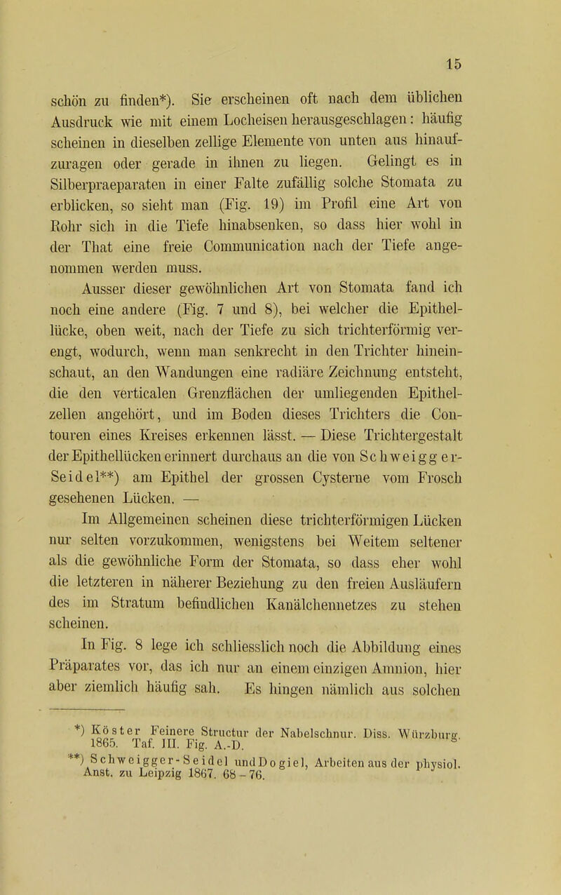 schön zu finden*). Sie erscheinen oft nach dem üblichen Ausdruck wie mit einem Locheisen herausgeschlagen: häufig scheinen in dieselben zellige Elemente von unten aus hinauf- zuragen oder gerade in ihnen zu liegen. Gelingt es in Silberpraeparaten in einer Falte zufällig solche Stomata zu erblicken, so sieht man (Fig. 19) im Profil eine Art von Rohr sich in die Tiefe hinabsenken, so dass hier wohl in der That eine freie Communication nach der Tiefe ange- nommen werden muss. Ausser dieser gewöhnlichen Art von Stomata fand ich noch eine andere (Fig. 7 und 8), bei welcher die Epithel- lücke, oben weit, nach der Tiefe zu sich trichterförmig ver- engt, wodurch, wenn man senkrecht in den Trichter hinein- schaut, an den Wandungen eine radiäre Zeichnung entsteht, die den verticalen Grenzflächen der umliegenden Epithel- zellen angehört, und im Boden dieses Trichters die Con- touren eines Kreises erkennen lässt. — Diese Trichtergestalt der Epithellücken erinnert durchaus an die von Schweigg er- Seidel**) am Epithel der grossen Cysterne vom Frosch gesehenen Lücken. — Im Allgemeinen scheinen diese trichterförmigen Lücken nur selten vorzukommen, wenigstens bei Weitem seltener als die gewöhnliche Form der Stomata, so dass eher wohl die letzteren in näherer Beziehung zu den freien Ausläufern des im Stratum befindlichen Kanälchennetzes zu stehen scheinen. In Fig. 8 lege ich schliesslich noch die Abbildung eines Präparates vor, das ich nur an einem einzigen Amnion, hier aber ziemlich häufig sah. Es hingen nämlich aus solchen *) Köster Feinere Structur der Nabelschnur. Diss. Würzburg 1865. Taf. IH. Fig. A.-D. **) Schweigger-Seidel undDogiel, Arbeiten aus der phvsiol. Anst. zu Leipzig 1867. 68 - 76.