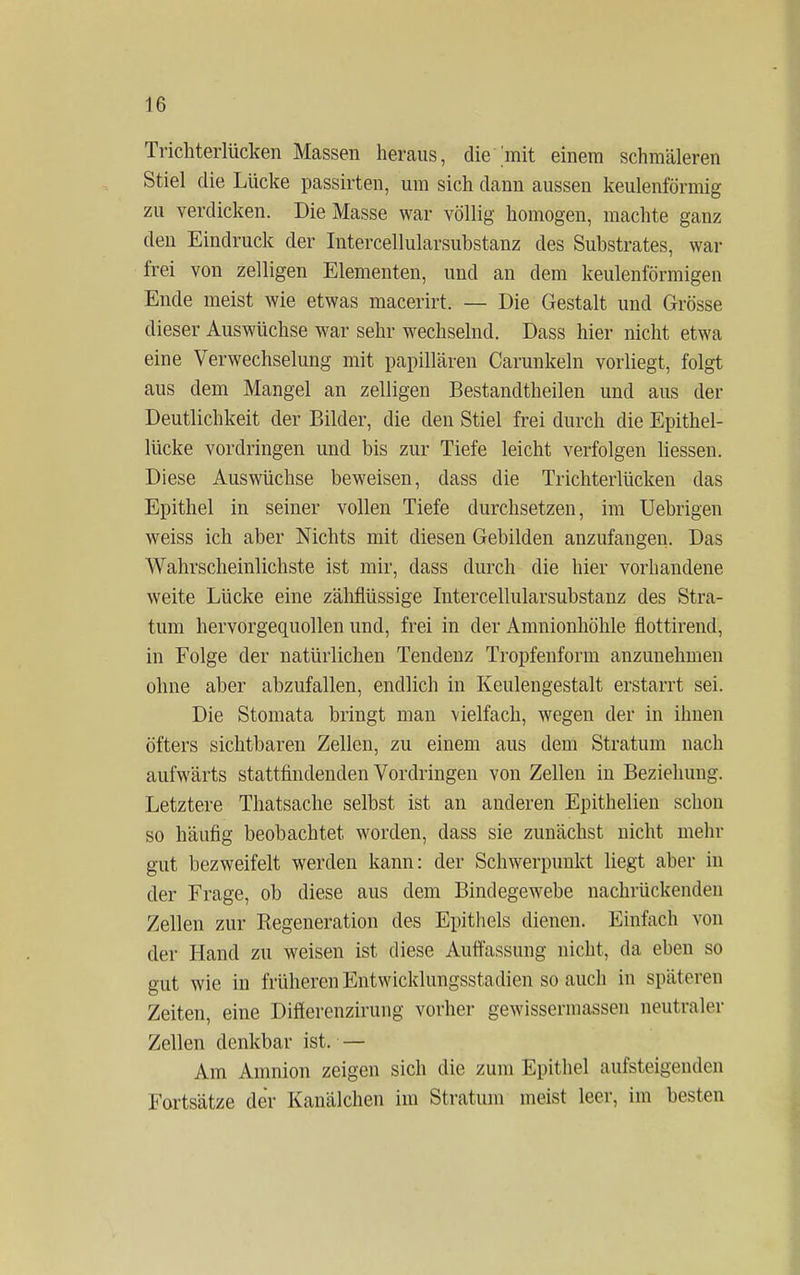 Trichterlücken Massen heraus, die''mit einem schmäleren Stiel die Lücke passirten, um sich dann aussen keulenförmig zu verdicken. Die Masse war völlig homogen, machte ganz den Eindruck der Intercellularsuhstanz des Substrates, war frei von zelligen Elementen, und an dem keulenförmigen Ende meist wie etwas macerirt. — Die Gestalt und Grösse dieser Auswüchse war sehr wechselnd. Dass hier nicht etwa eine Verwechselung mit papillären Carunkeln vorliegt, folgt aus dem Mangel an zelligen Bestandteilen und aus der Deutlichkeit der Bilder, die den Stiel frei durch die Epithel- lücke vordringen und bis zur Tiefe leicht verfolgen liessen. Diese Auswüchse beweisen, dass die Trichterlücken das Epithel in seiner vollen Tiefe durchsetzen, im Uebrigen weiss ich aber Nichts mit diesen Gebilden anzufangen. Das Wahrscheinlichste ist mir, dass durch die hier vorhandene weite Lücke eine zähflüssige Intercellularsuhstanz des Stra- tum hervorgequollen und, frei in der Amnionhöhle flottirend, in Folge der natürlichen Tendenz Tropfenform anzunehmen ohne aber abzufallen, endlich in Keulengestalt erstarrt sei. Die Stomata bringt man vielfach, wegen der in ihnen öfters sichtbaren Zellen, zu einem aus dem Stratum nach aufwärts stattfindenden Vordringen von Zellen in Beziehung. Letztere Thatsache selbst ist an anderen Epithelien schon so häufig beobachtet worden, dass sie zunächst nicht mehr gut bezweifelt werden kann: der Schwerpunkt liegt aber in der Frage, ob diese aus dem Bindegewebe nachrückenden Zellen zur Regeneration des Epithels dienen. Einfach von der Hand zu weisen ist diese Auffassung nicht, da eben so gut wie in früheren Entwicklungsstadien so auch in späteren Zeiten, eine Differenzirung vorher gewissermassen neutraler Zellen denkbar ist. — Am Amnion zeigen sich die zum Epithel aufsteigenden Fortsätze der Kanälchen im Stratum ineist leer, im besten