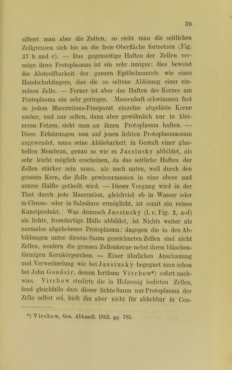 silbert man aber die Zotten, so sieht man die seitlichen Zellgrenzen sich bis an die freie Oberfläche fortsetzen (Fig. 37 b und c). — Das gegenseitige Haften der Zellen ver- möge ihres Protoplasmas ist ein sehr inniges: dies beweist die Abstreifbarkeit des ganzen Epithelmantels wie eines Handschuhfingers, dies die so seltene Ablösung einer ein- zelnen Zelle. — Ferner ist aber das Haften des Kernes am Protoplasma ein sehr geringes. Massenhaft schwimmen fast in jedem Macerations-Praeparat einzelne abgelöste Kerne umher, und nur selten, dann aber gewöhnlich nur in klei- neren Fetzen, sieht man an ihnen Protoplasma haften. — Diese Erfahrungen nun auf jenen hellten Protoplasmasaum angewendet, muss seine Ablösbarkeit in Gestalt einer glas- hellen Membran, genau so wie es Jassinsky abbildet, als sehr leicht möglich erscheinen,, da das seitliche Haften der Zellen stärker sein muss, als nach unten, weil durch den grossen Kern, die Zelle gewissermassen in eine obere und untere Hälfte getheilt wird. — Dieser Vorgang wird in der That durch jede Maceration, gleichviel ob in Wasser oder in Chrom- oder in Salzsäure ermöglicht, ist somit ein reines Kunstprodukt. Was demnach Jassinsky (1. c. Fig. 2, a-d) als lichte, fremdartige Hülle abbildet, ist Nichts weiter als normales abgehobenes Protoplasma: dagegen die in den Ab- bildungen unter diesem Saum gezeichneten Zellen sind nicht Zellen, sondern die grossen Zellenkerne nebst ihren bläschen- förmigen Kernkörperchen. — Einer ähnlichen Anschauung und Verwechselung wie bei Jassinsky begegnet man schon bei John Goodsir, dessen Irrthum Virchow*) sofort nach- wies. Virchow studirte die in Holzessig isolirten Zellen, fand gleichfalls dass dieser lichte Saum nur Protoplasma der Zelle selbst sei, hielt ihn aber nicht für abhebbar in Con- *) Virchow, Ges. Abhandl. 1862. pg. 785.