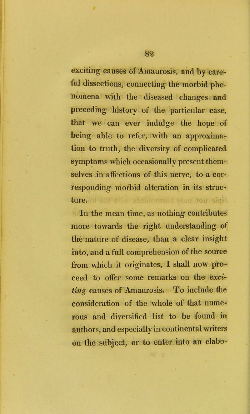 exciting causes of Amaurosis, and by care- ful dissections, connecting the morbid phe- nomena with the diseased changes and preceding history of the particular case, that we can ever indulge the hope of being able to refer, with an approxima- tion to truth, the diversity of complicated symptoms which occasionally present them- selves in affections of this nerve, to a cor- responding morbid alteration in its struc- ture. In the mean time, as nothing contributes more towards the right understanding of the nature of disease, than a clear insight into, and a full comprehension of the source from which it originates, I shall now pro- ceed to offer some remarks on the exci- ting causes of Amaurosis. To include the consideration of the whole of that nume- rous and diversified list to be found in authors, and especially in continental writers on the subject, or to enter into an elabo-