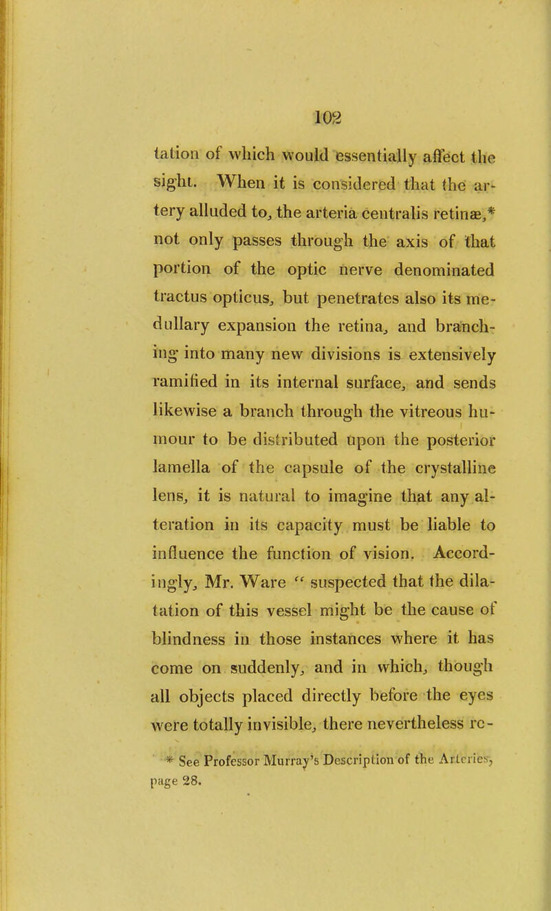 tation of which would essentially affect the sight. When it is considered that the ar- tery alluded to, the arteria centralis retinas,* not only passes through the axis of that portion of the optic nerve denominated tractus opticus, but penetrates also its me- dullary expansion the retina, and branch- ing- into many new divisions is extensively ramified in its internal surface, and sends likewise a branch through the vitreous hu- mour to be distributed upon the posterior lamella of the capsule of the crystalline lens, it is natural to imagine that any al- teration in its capacity must be liable to influence the function of vision. Accord- ingly, Mr. Ware  suspected that the dila- tation of this vessel might be the cause of blindness in those instances where it has come on suddenly, and in which, though all objects placed directly before the eyes were totally invisible, there nevertheless rc- * See Professor Murray's Description of the. Afi'eriesj page 28.