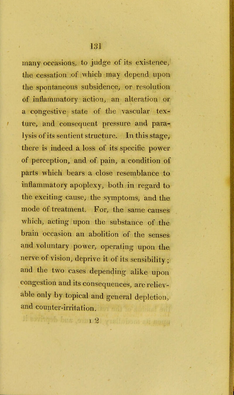 many occasions to judge of its existence, the cessation of which may depend upon the spontaneous subsidence, or resolution of inflammatory action, an alteration or a congestive state of the vascular tex- / ture, and consequent pressure and para- lysis of its sentient structure. In this stage, there is indeed a loss of its specific power of perception, and of pain, a condition of parts which bears a close resemblance to inflammatory apoplexy, both in regard to the exciting cause, the symptoms, and the mode of treatment. For, the same causes which, acting upon the substance of the brain occasion an abolition of the senses and voluntary power, operating upon the nerve of vision, deprive it of its sensibility; and the two cases depending alike upon congestion and its consequences, are reliev- able only by topical and general depletion, and counter-irritation. i 2