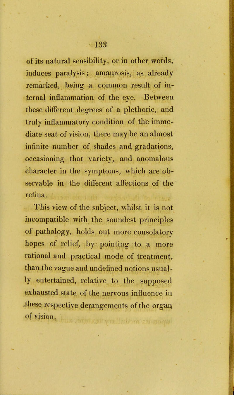 of its natural sensibility, or in other words, induces paralysis ; amaurosis, as already remarked, being a common result of in- ternal inflammation of the eye. Between these different degrees of a plethoric, and truly inflammatory condition of the imme- diate seat of vision, there may be an almost infinite number of shades and gradations, occasioning that variety, and anomalous character in the symptoms, which are ob- servable in the different affections of the retina, This view of the subject, whilst it is not incompatible with the soundest principles of pathology, holds out more consolatory hopes of relief, by pointing to a more rational and practical mode of treatment, than the vague and undefined notions usual- ly entertained, relative to the supposed exhausted state of the nervous influence in ihese respective derangements of the organ of vision.