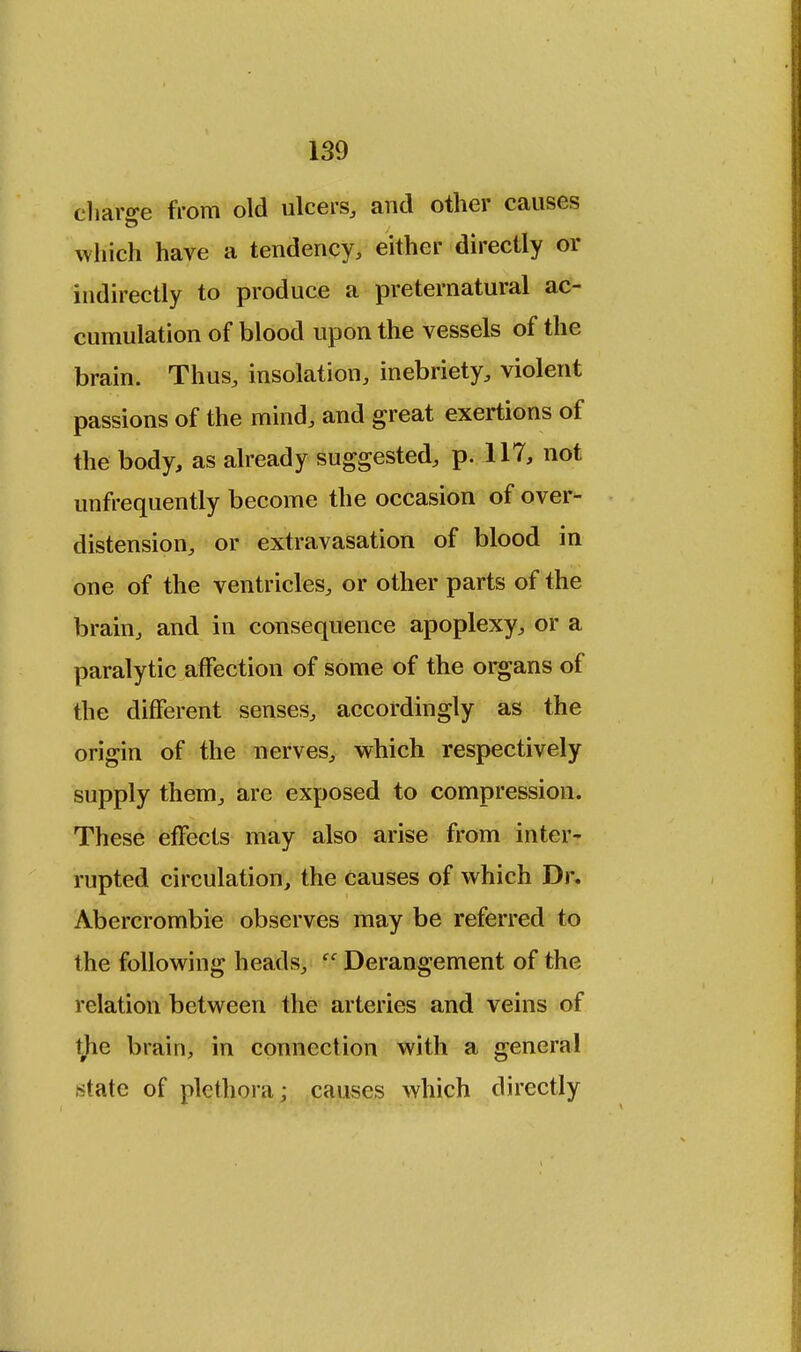charge from old ulcers, and other causes which have a tendency, either directly or indirectly to produce a preternatural ac- cumulation of blood upon the vessels of the brain. Thus, insolation, inebriety, violent passions of the mind, and great exertions of the body, as already suggested, p. 117, not unfrequently become the occasion of over- distension, or extravasation of blood in one of the ventricles, or other parts of the brain, and in consequence apoplexy, or a paralytic affection of some of the organs of the different senses, accordingly as the origin of the nerves, which respectively supply them, are exposed to compression. These effects may also arise from inter- rupted circulation, the causes of which Dr. Abercrombie observes may be referred to the following heads, ec Derangement of the relation between the arteries and veins of the brain, in connection with a general .state of plethora; causes which directly