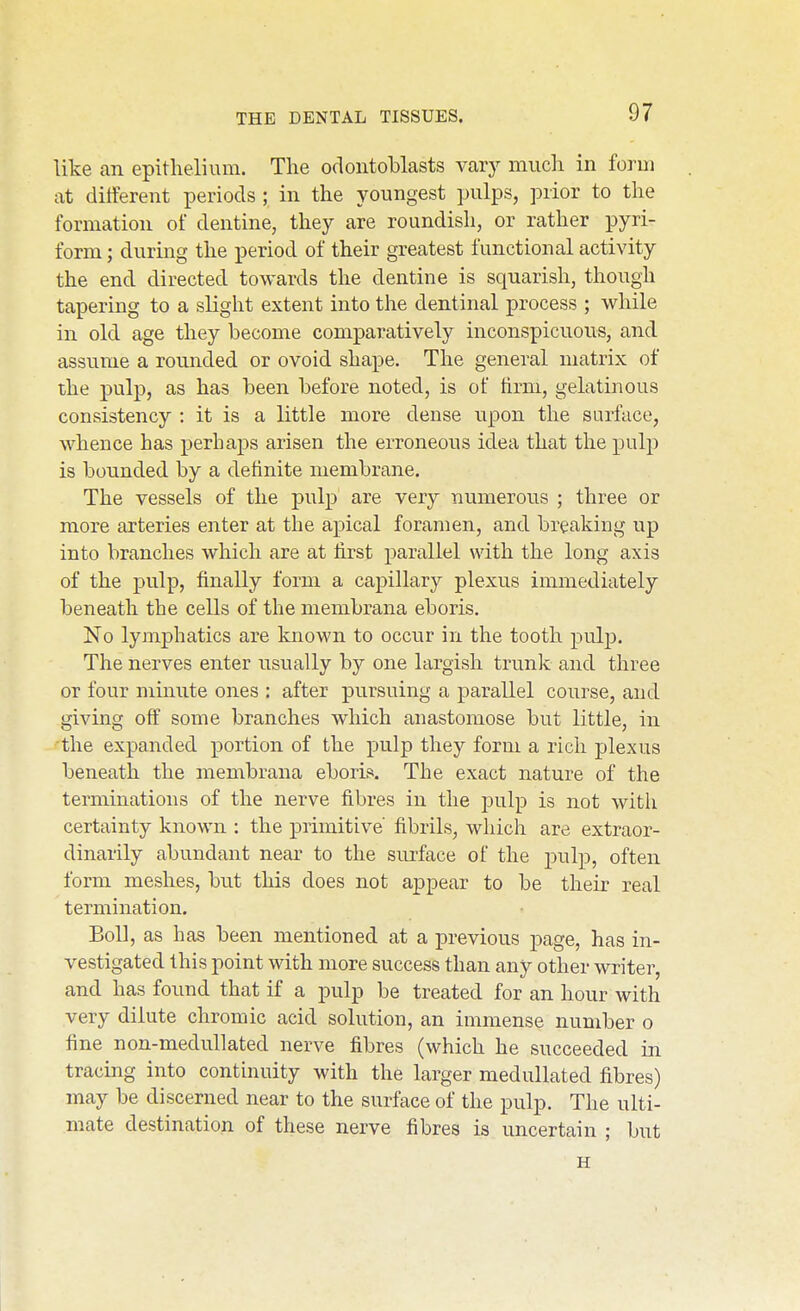 Tike an epithelium. The odontoblasts vary much in form at different periods; in the youngest pulps, prior to the formation of dentine, they are roundish, or rather pyri- form; during the period of their greatest functional activity the end directed towards the dentine is squarish, though tapering to a slight extent into the dentinal process ; while in old age they become comparatively inconspicuous, and assume a rounded or ovoid shape. The general matrix of the pulp, as has been before noted, is of iirm, gelatinous consistency : it is a little more dense upon the surface, whence has perhaps arisen the erroneous idea that the pulp is bounded by a definite membrane. The vessels of the pulp are very numerous ; three or more arteries enter at the apical foramen, and breaking up into branches which are at first parallel with the long axis of the pulp, finally form a capillary plexus immediately beneath the cells of the membrana eboris. No lymphatics are known to occur in the tooth pulp. The nerves enter usually by one largish trunk and three or four minute ones : after pursuing a parallel course, and giving off some branches which anastomose but little, in the expanded portion of the pulp they form a rich plexus beneath the membrana eboris. The exact nature of the terminations of the nerve fibres in the pulp is not witli certainty known : the primitive fibrils, which are extraor- dinarily abundant near to the surface of the pulp, often form meshes, but this does not appear to be their real termination. Boll, as has been mentioned at a previous page, has in- vestigated this point with more success than any other writer, and has found that if a pulp be treated for an hour with very dilute chromic acid solution, an immense number o fine non-medullated nerve fibres (which he succeeded in tracing into continuity with the larger medullated fibres) may be discerned near to the surface of the pulp. The ulti- mate destination of these nerve fibres is uncertain ; but H