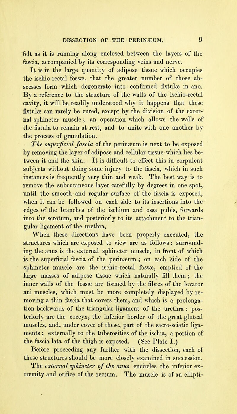 felt as it is running along enclosed between the layers of the fascia, accompanied by its corresponding veins and nerve. It is in the large quantity of adipose tissue which occupies the ischio-rectal fossse, that the greater number of those ab- scesses form which degenerate into confirmed fistulee in ano. By a reference to the structure of the walls of the ischio-rectal cavity, it will be readily understood why it happens that these fistulse can rarely be cured, except by the division of the exter- nal sphincter muscle; an operation which allows the walls of the fistula to remain at rest, and to unite with one another by the process of granulation. The superficial fascia of the perinseum is next to be exposed by removing the layer of adipose and cellular tissue which lies be- tween it and the skin. It is difficult to effect this in corpulent subjects without doing some injury to the fascia, which in such instances is frequently very thin and weak. The best way is to remove the subcutaneous layer carefully by degrees in one spot, until the smooth and regular surface of the fascia is exposed, when it can be followed on each side to its insertions into the edges of the branches of the ischium and ossa pubis, forwards into the scrotum, and posteriorly to its attachment to the trian- gular ligament of the urethra. When these directions have been properly executed, the structures which are exposed to view are as follows : surround- ing the anus is the external sphincter muscle, in front of which is the superficial fascia of the perineeum ; on each side of the sphincter muscle are the ischio-rectal fossse, emptied of the large masses of adipose tissue which naturally fill them ; the inner walls of the fossse are formed by the fibres of the levator ani muscles, which must be more completely displayed by re- moving a thin fascia that covers them, and which is a prolonga- tion backwards of the triangular ligament of the urethra : pos- teriorly are the coccyx, the inferior border of the great gluteal muscles, and, under cover of these, part of the sacro-sciatic liga- ments ; externally to the tuberosities of the ischia, a portion of the fascia lata of the thigh is exposed. (See Plate I.) Before proceeding any further with the dissection, each of these structures should be more closely examined in succession. The external sphincter of the anus encircles the inferior ex- tremity and orifice of the rectum. The muscle is of an ellipti-