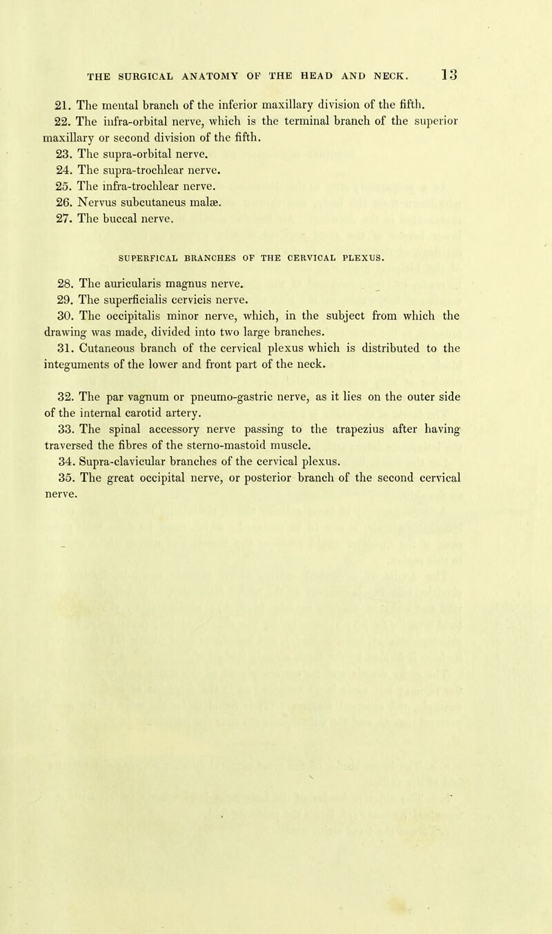 21. The mental branch of the inferior maxillary division of the fifth. 22. The infra-orbital nerve, which is the terminal branch of the superior maxillary or second division of the fifth. 23. The supra-orbital nerve. 24. The supra-trochlear nerve. 25. The infra-trochlear nerve. 26. Nervus subcutaneus malse. 27. The buccal nerve. SUPERFICAL BRANCHES OF THE CERVICAL PLEXUS. 28. The aiu'icularis magnus nerve. 29. The superficialis cervicis nerve. 30. The occipitalis minor nerve, which, in the subject fi'om which the drawing was made, divided into two large branches. 31. Cutaneous branch of the cervical plexus which is distributed to the integuments of the lower and front part of the neck. 32. The par vagnum or pneumo-gastric nerve, as it lies on the outer side of the internal carotid artery. 33. The spinal accessory nerve passing to the trapezius after having traversed the fibres of the sterno-mastoid muscle. 34. Supra-clavicular branches of the cervical plexus. 35. The great occipital nerve, or posterior branch of the second cervical nerve.