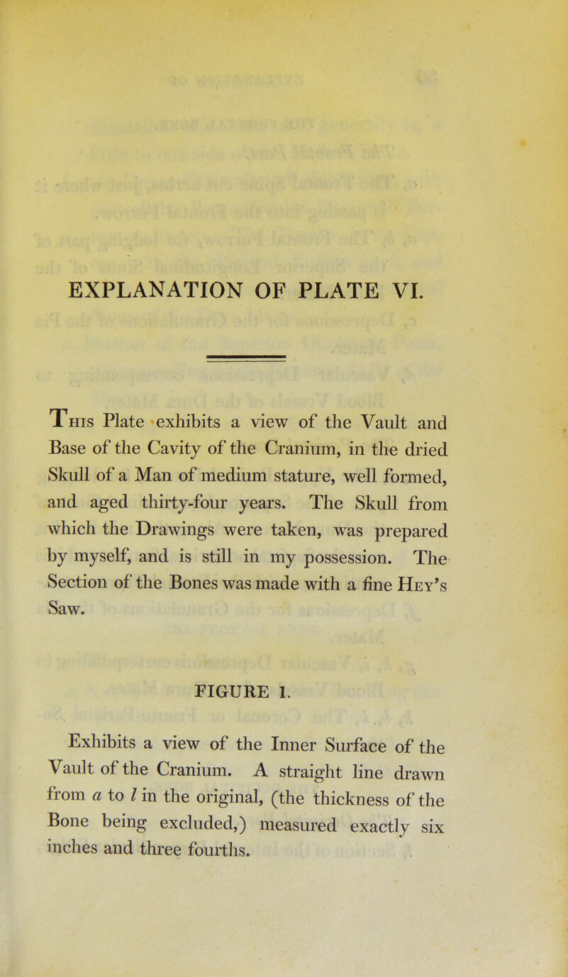 This Plate exhibits a view of the Vault and Base of the Cavity of the Cranium, in the dried Skull of a Man of medium stature, well formed, and aged thirty-four years. The Skull from which the Drawings were taken, was prepared by myself, and is still in my possession. The Section of the Bones was made with a fine Hey's Saw. FIGURE L Exhibits a view of the Inner Surface of the Vault of the Cranium. A straight line drawn from a to I'm the original, (the thickness of the Bone being excluded,) measured exactly six inches and three fourths.