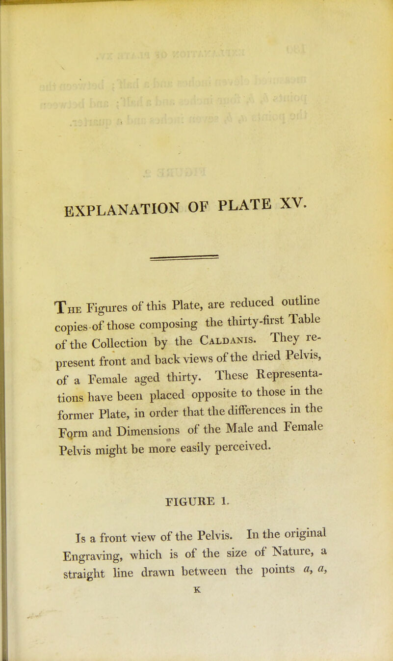 The Figures of this Plate, are reduced outline copies of those composing the thirty-first Table of the Collection by the Caldanis. They re- present front and back views of the dried Pelvis, of a Female aged thirty. These Representa- tions have been placed opposite to those in the former Plate, in order that the differences in the Form and Dimensions of the Male and Female Pelvis might be more easily perceived. FIGURE 1. Is a front view of the Pelvis. In the original Engraving, which is of the size of Nature, a straight line drawn between the points a, a, K