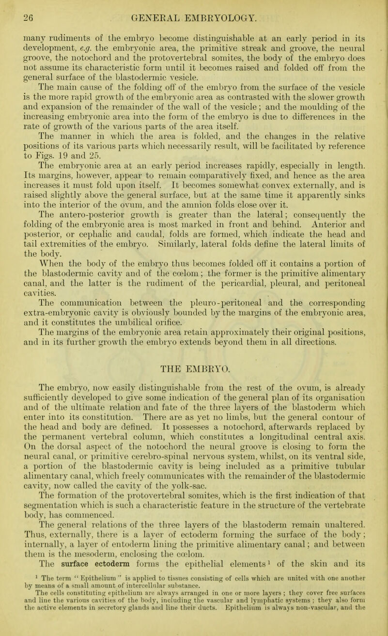 many rudiments of the embryo become distinguishable at an early period in its development, e.g. the embryonic area, the primitive streak and groove, the neural groove, the notochord and the protovertebral somites, the body of the embryo does not assume its characteristic form until it becomes raised and folded off from the general surface of the blastodermic vesicle. The main cause of the folding off of the embryo from the surface of the vesicle is the more rapid growth of the embryonic area as contrasted with the slower growth and expansion of the remainder of tlie wall of the vesicle; and the moulding of the increasing embryonic area into the form of the embryo is due to differences in the rate of growth of the various parts of the area itself. The manner in which the area is folded, and the changes in tlie relative positions of its various parts wliicli necessarily result, will l)e facilitated by reference to Figs. 19 and 25. The embryonic area at an early period increases rapidly, especially in length. Its margins, however, appear to remain comparatively fixed, and hence as the area increases it must fold upon itself. It becomes somewhat convex externally, and is raised slightly above the general surface, but at the same time it apparently sinks into the interior of the ovum, and the amnion folds close over it. The antero-posterior growth is greater than the lateral; conse([uently the folding of the embryonic area is most mai'ked in front and behind. Anterior and posterior, or cephalic and caudal, folds are formed, which indicate the head and tail extremities of the embryo. Similarly, lateral folds define the lateral limits of the body. When the body of the embryo thus becomes folded off it contains a portion of the blastodermic cavity and of the coelom; the former is the primitive alimentary canal, and the latter is the rudiment of the pericardial, pleural, and peritoneal cavities. The communication between the pleuro-peritoneal and the corresponding extra-embryonic cavity is obviously Ijounded by the margins of tlie embryonic area, and it constitutes the uml)ilical orifice. The margins of the embryonic area retain approximately their original positions, and in its further growth the embiyo extends beyond them in all directions. THE EMBRYO. The embryo, now easily distinguisliable from the rest of the ovum, is already sufficiently developed to give some indication of the general plan of its oiganisation and of the ultimate relation and fate of the three layers of the blastoderm which enter into its constitution. There are as yet no limbs, but the general contour of the head and body are defined. It possesses a notochord, afterwards replaced b}' the permanent vertebral column, which constitutes a longitudinal central axis. On the dorsal aspect of the notochord the neural gi'oove is closing to form the neural canal, or primitive cerebro-spinal nervous system, whilst, on its ventral side, a portion of the blastodermic cavity is being included as a primitive tubular alimentaiy canal, which freely communicates with the remainder of the blastodermic cavity, now called the cavity of the yolk-sac. The formation of the protovertel)ral somites, whicli is the first indication of that segmentation which is such a characteristic feature in tlie structure of the vertebrate body, has commenced. The general relations of the three layers of the l)lastoderm remain imaltered. Thus, externally, there is a layer of ectoderm forming the surface of tlie body; internally, a layer of entoderm lining the primitive alimentary canal; and between them is the mesoderm, enclosing the coolom. Tlie surface ectoderm forms the epithelial elements ^ of the skin and its ' The term  Epithelium  is applied to tissues consisting of cells which are united with one another by means of a small amount of intercellular sul)stance. The cells constituting epithelium are always arranged in one or more layers ; they cover free surfaces and line the various cavities of the liodj', including the vascular and lymphatic sj'stems : they also form the active elements in secretory glands and line their ducts. Epithelium is always non-vascular, and the