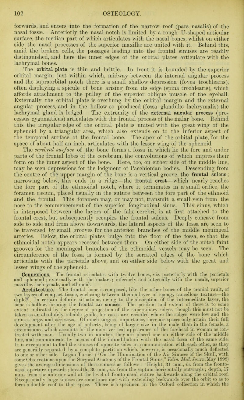 forwards, and enters into the formation of the narrow roof (pars nasalis) of the nasal fossfe. Anteriorly the nasal notch is limited by a rough U-shaped articular surface, the median part of which articulates with the nasal bones, whilst on either side the nasal processes of the superior maxilkt; are united with it. Behind this, amid the broken cells, the passages leading into the frontal sinuses are readily distinguished, and here the inner edges of the orbital plates articulate with the lachrymal bones. The orbital plate is thin and brittle. In front it is bounded by the superior orbital margin, just within which, midway between the internal angular process and the supraorbital notch there is a small shallow depression (fovea trochlearis), often displaying a spicule of bone arising from its edge (spina trochlearis), which affords attachment to the pulley of the superior oblique muscle of the eyeball. Externally the orbital plate is overhung by the orbital margin and the external angular process, and in the hollow so produced (fossa giandulie lachrymalis) the lachrymal gland is lodged. The extremity of the external angular process (pro- cessus zygoniaticus) articulates with the frontal process of the malar bone. Behind this the irregular edge of the orbital plate is united with the great wing of the sphenoid by a triangular area, which also extends on to the inferior aspect of the temporal surface of the frontal bone. The apex of the orbital plate, for the space of about half an inch, articulates with the lesser wing of the sphenoid. The cerebral surface of the bone forms a fossa in which lie the fore and under parts of the frontal lobes of the cerebrum, the convolutions of which impress their form on the inner aspect of the bone. Here, too, on either side of the middle line, may be seen depressions for the lodgment of Pacchionian bodies. Descending from the centre of the upper margin of the bone is a vertical groove, the frontal sulcus; narrowing below, this ends in a ridge—the frontal crest—which nearly readies the fore part of the ethmoidal notch, where it terminates in a small orifice, the foramen caecum, placed usually in the suture between the fore part of the ethmoid and the frontal. This foramen may, or may not, transmit a small vein from the nose to the commencement of the superior longitudinal sinus. This sinus, which is interposed between the layers of the falx cerebri, is at first attached to the frontal crest, but subsequently occupies the frontal sulcus. Deeply concave from side to side and from above downwards, the lateral aspects of the fossa are seen to be traversed by small grooves for the anterior branches of the middle meningeal arteries. Below, the orbital plates bulge into the floor of the fossa, so that the ethmoidal notch appears recessed between them. On either side of the notch faint grooves for the meningeal branches of the ethmoidal vessels may be seen. The circumference of the fossa is formed by the serrated edges of the bone which articulate with the parietals above, and on either side below with the great and lesser wings of the sphenoid. Connexions.—Tlie frontal articulates with t-\velve bones, viz. posteriorly with the parietals and sphenoid ; exteruallj' with the nialars; inferiorly and internally Avith the nasals, superior luaxilhe, lachrymals, and ethmoid. Architecture.—The frontal bone is composed, like the other bones of the cranial vault, of two layers of compact tissue, enclosing between them a layer of spongy cancellous texture—the diplo?., In certain definite situations, owing to tlie absorption of the intermediate layer, the bone is hollow, forming the frontal air sinuses. The position and extent of these is to some extent indicated by the degree of ])rojection of the sujierciliary ridges, though this must not be taken as an aljsolutely reliable guide, for cases are recorded where the lidges were low and the sinuses lai'ge, and vice versa.. Of much surgical imj^ortance, these air-sjiaces only attain their full development after the age of jjuberty, lieing of larger size in the male than in the fenuile, a circumstance which accounts for the more vertical appearance of the forehead in woman as con- trasted with man. Usually two in niuuber, they are i)laced one on either side of tlie middle line, and communicate by means of the infundil)ulum with the nasal fossa of the same side. It is exceptional to find the sinuses of ojjposite sides in communication with eacli other, as they are generally separated by a complete partition which, liowever, is occasionally much defiected to one or other side. Logan Turner ( On the Uhuuiiiation of the Air Sinuses of tlie Skull, with some Observations upon the Surgical Anatomy of the Frontal Sinus, Edin. Med. Joiirn. May 1898) gives the average dimensions of these sinuses as follows:—Height, 31 mm., i.e. from the fronto- nasal aperture upwards ; l)readtli, 30 mm., i.e. from tlie septum horizontally outwards ; depth, 17 mm., from the anterior wall at the level of fronto-nasal suture backwards along the orbital roof Exceptionally large sinuses are sometimes met with extending backwards over the orljit so as to form a double roof to that sjjace. There is a specimen in the Oxford collection in which the