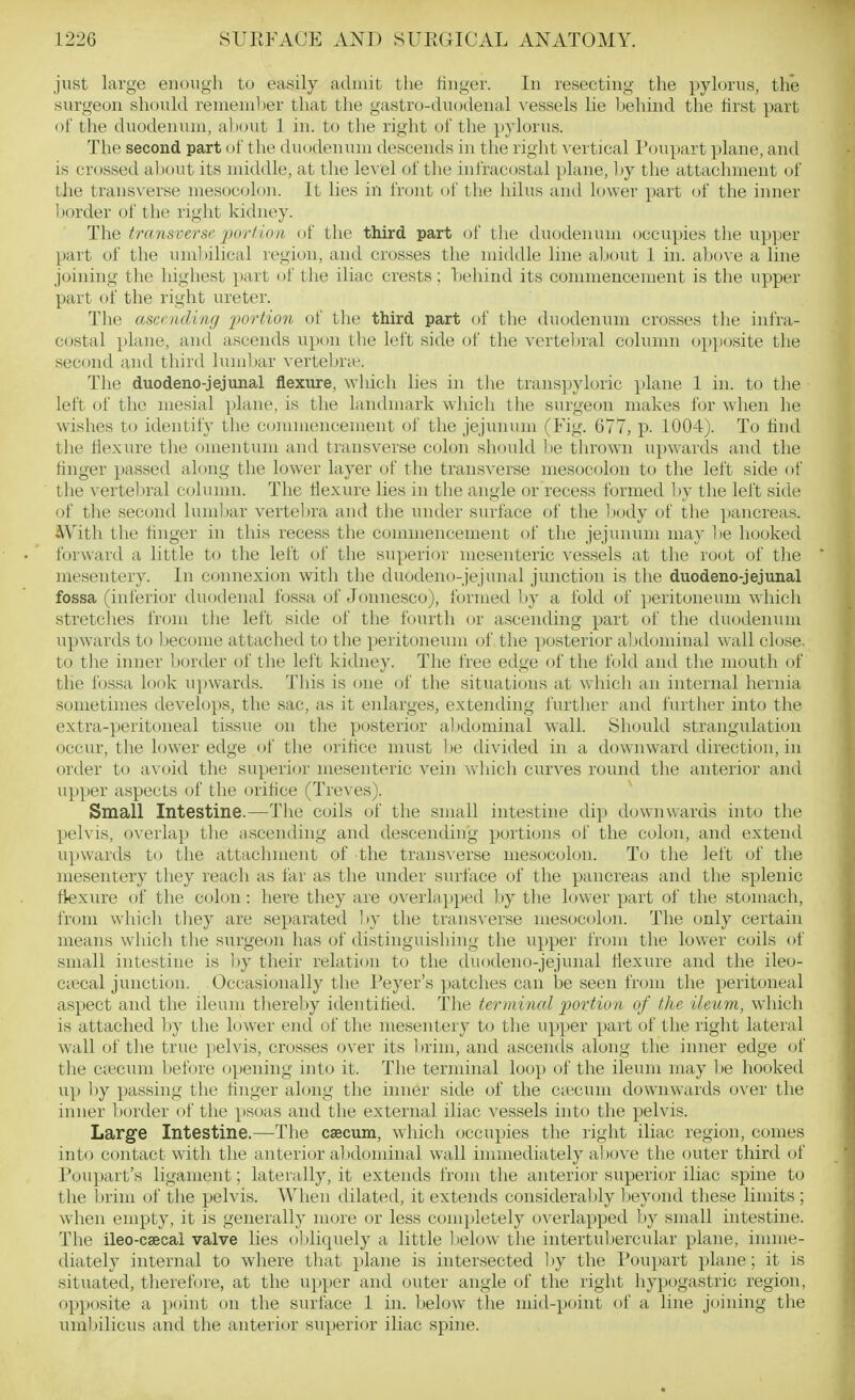 just large enough to easily aibiiit the hnger. In resecting the pylorus, the surgeon should renieinl)er that the gastro-duodeiial vessels lie behind the first part of the duodenum, about 1 in. to the right of the pylorus. The second part of the duodenum descends in the right vertical Pou})art plane, and is crossed a))out its middle, at the level of the infracostal plane, ])j the attachment of the transverse mesocolon. It lies in front of the hilus and lower part of the inner border of the right kidney. The transverse 2wrtion of the third part of the duodenum occupies the upper part of the um])ilical region, and crosses tlie middle line about 1 in. above a line joining the highest part of the iliac crests; behind its commencement is the upper part of the right ureter. The ascc/iuling jwrtio7i of the third part of the duodeniim crosses the infra- costal plane, and ascends upon the left side of the verteljral column opposite the second and third lumliar vertebrie. The duodeno-jejunal flexure, which lies in the transpyloric plane 1 in. to the left of the mesial plane, is the landmark which the surgeon makes for when he wishes to identify the commencement of the jejunum (Fig. 677, p. 1004). To find the fie.xure the omentum and transverse colon should l)e thrown upwards and the finger passed along the lower layer of the transverse mesocolon to the left side of the vertebral column. The tlexure lies in the angle or recess formed l)y the left side of the second luml»ar vertebra and the under surface of the l)ody of the pancreas. With the hnger in this recess the commencement of the jejunum may l)e hooked forward a little to the left of the superior mesenteric vessels at the root of tlie mesentery. In connexion with the duodeno-jejunal junction is the duodeno-jejunal fossa (inferior duodenal fossa of Jonnesco), formed by a fold of ])eritoneum which stretches from tlie left side of the fourth or ascending part of the duodenum upwards to l)ecome attached to the peritoneum of the posterior alxlominal wall close, to the inner border of the left kidney. The free edge of the fold and the mouth of tlie fossa look upwards. This is one of the situations at which an internal hernia sometimes develops, the sac, as it enlarges, extending further and further into the extra-peritoneal tissue on the posterior a))dominal wall. Should strangulation occur, the hjwer edge of the orifice must l)e divided in a downward direction, in order to avoid the superior mesenteric vein which curves round the anterior and u])per aspects (jf the orifice (Treves). Small Intestine.—The coils of the small intestine dip downwards into the pelvis, overlap tlie ascending and descending portions of the colon, and extend upwards to the attaclinient of the transverse mesocolon. To the left of the mesentery they reach as far as the under surface of the pancreas and the splenic flexure of the colon: here they are overlapped by the lower part of the stomach, from which they are separated liy the transverse mesocolon. The only certain means which tlie surgeon has of distinguishing the upper from the lower coils of small intestine is I)y their relation to the duodeno-jejunal flexure and the ileo- ciecal junction. Occasionally the I'eyer's patches can be seen from the peritoneal aspect and the ileum tlierel)y identified. The terminal jjortion of the ileum, which is attached by the lower end of the mesentery U) the upper part of the right lateral wall of the true pelvis, crosses over its brim, and ascends along the inner edge of the c;ecum before opening into it. The terminal loop of the ileum may be hooked up by passing the finger along the inner side of the ciecum downwards over the inner border of the psoas and the external iliac vessels into the pelvis. Large Intestine.—The caecum, which occupies the right iliac region, comes into contact with the anterior abdominal wall immediately aliove the outer third of Poupart's ligament; laterally, it extends from the anterior superior iliac spine to the brim of the pelvis. When dilated, it extends considerably beyond these limits ; when empty, it is generally m<ne or less completely overlapped by small intestine. The ileo-csecal valve lies oldiquely a little below the intertubercular plane, imme- diately internal to where that plane is intersected liy the Pou])art plane; it is situated, therefore, at the upper and outer angle of the right hyjjogastric region, opposite a point on the surface 1 in. below the mid-point of a line joining the umbilicus and the anterior superior iliac spine.