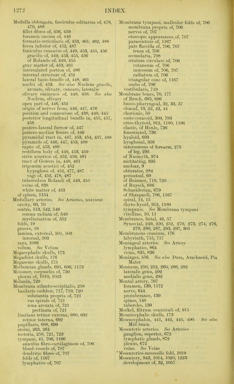 Medulla oblongata, fasciculus solitarius of, 478, 479, 488 fillet-fibres of, 456, 459 foramen csecuni of, 446 forniatio-reticularis of, 453, 461, 462, 488 fovea inferior of, 452, 487 funiculus cuueatus of, 449, 453, 455, 456 gracilis of, 449, 453, 455, 456 of Rolando of, 449, 455 gray matter of, 453, 461 intercalated portion of, 486 internal structure of, 452 lateral basis-bundle of, 448, 461 nuclei of, 453. See also Nucleus gracile, arcuate, olivary, cuneate, lateralis olivary eminence of, 448, 458. .SV^* also Nucleus, olivary open part of, 446, 452 origin of nerves from, 446, 447, 476 position and connexions of, 438, 440, 445 posterior longitudinal bundle in, 455, 457, 458 postero-lateral furrow of, 447 2)ostero-median fissure of, 446 pyramidal tract in, 447, 453, 454, 457, 488 pvramids of, 446, 447, 453, 488 raphe of, 453, 488 restiform body of, 449, 453, 459 strife acusticpe of, 452, 459, 481 tract of Gowers in, 448, 461 trigonum acustici of, 452 hypoglo.ssi of, 452, 477, 487 vagi of, 452, 478, 487 tiiberculuni Rolandi of, 449, 455 veins of, 838 white matter of, 453 of s])leen, 1154 Medullary arteriesi. See Arteries, nutrient cavity, 69, 70 centre, 513, 542, 546 corona radiata of, 549 myelinisation of, 552 folds, 19 groove, 19 lamina, external, 501, 503 internal, 503 rays, 1086 velum. See Velum Megaceplialic skulls, 173 Megadont skulls, 176 Megaseme skulls, 175 Meiliomian glands, 695, 696, 1173 Meissner, corpuscles of, 730 plexus of, 1010, 1023 Melanin, 729 Membrana atlanto-occipitalis, 258 basilaris cochlea^ 717, 719, 720 substantia proj)ria of, 721 vas spirale of, 721 zona arcuata of, 721 pectinata of, 721 limitans retintB externa, 680, 692 retina; interna, 692 l)upillaris, 688, 699 sterni, 263, 264 tectoria, 258, 721, 723 tynipani, 41, 706, 1166 annulus fibro-cartilagineus of, 706 blood-vessels of, 707 dendritic fibres of, 707 folds of, 1167 lymphatics of, 707 Membrana tympani, malleolar folds of, 706 membiana projiria of, 706 nerves of, 707 otoscopic appearances, of, 707 })aracentesis of, 1167 ' jjars flaccida of, 706, 707 tensa of, 706 secundaria, 708 stratum circulare of, 706 cutaneum of, 706 mucosum of, 706, 707 radiatum of, 706 triangular cone of, 1167 umbo of, 706' vestibularis, 719 Membrane ])ones, 70, 177 of Bruch, 685, 686 bucco-pharvngeal, 32, 33, 37 cloacal, 19,'22, 43, 44 chorionic, 50 I costo-coraooid, 309, 783 ! crico-tliyroid, 912, 1180, 1196 elastic, of Henle, 736 fenestrated, 736 hyaloid, 693 hyoglossal, 956 interosseous of forearm, 275 of leg, 295 of Nasmyth, 974 nictitating, 695 nuclear, 9 ol)turator, 284 periosteal, 69 of Reissner, 719, 720 of Ruysch, 686 Schneiderian, 679 of Shrapnell, 706, 1167 spiral, 14, 15 thyro-hyoid, 912, 1180 tympanic. See Memlnana tymj)ani 1 vitelline, 10, 11 1 Membranes, foetal, 46, 57 ' Synovial, 249, 250, 252, 270, 273, 274, 276, 278, 280, 287, 293, 297, 301 Membranous cranium, 176 laliyriuth, 715, 717 Meningeal arteries. See Artery lymphatics, 864 veins, 835, 836 Meninges, 556. See also Dura, Arachnoid, Pia Mater Meniscus, 250, 252, 260, 266, 292 lateralis genu, 292 medialis genu, 292 Mental artery, 767 foramen, 139, 1172 nerve, 644 protuberance, 139 s])ines, 140 tubercles, 139 Merkel, filtrum ventriculi of, 915 Mesaticephalic skulls, 173 Mesencephalon, 441, 442, 445, 490. See also Mid-brain Mesenteric arteries. See Arteries ganglion, superior, 672 lymjiliatic glands, 872 plexus, 672 veins. See Veins 'Mesenterico-mesocolic fold, 1019 Mesentery, 943, 1014, 1020, 1223 development of, 32, 1057