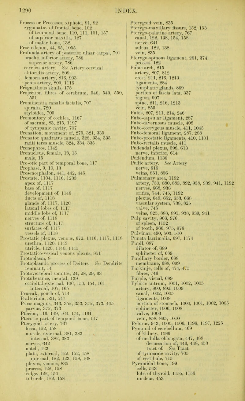 Process or Processes, xiplioid, 91, 92 zygomatic, of frontal Ijone, 102 of temporal bone, 110, 111, 151, 157 of su])ei'ioi' maxilla, 127 of malar bone, 132 Proctod;enm, 44, 65, 1055 Profunda artei'y of i)o.sterior ulnar carjjal, 791 brachii inferior artery, 786 supei-ior artery, 786 cervicis arti^ry. See Ai'leiy ci^rvical clitoridis artery, 809 ; femoris artery, 816, 903 -penis artery, 809, 1116 Prognathous skulls, 175 Projection fibres of cerebrum, 546, 549, 550, 551 Prominentia canalis facialis, 707 spiralis, 720 styloidea, 705 Promontory of cochlea, 1167 of sacrum, 83, 215, 1197 of tympanic cavity, 707 Pronation, nun'ement of, 275, 321, 335 Pronator quadratus muscle, 328, 334, 335 radii teres muscle, 324, 334, 335 Pronephros, 1142 Pronucleus, female, 13, 15 male, 15 Pro-otic part of tenqioral bone, 117 Prophase, 9, 10, 13 Prosencephalon, 441, 442, 445 Prostate, 1104, 1116, 1233 apex of, 1117 base of, 1117 develo])ment of, 1146 ducts of, 1118 glands of, 1117, 1120 lateral lobes of, 1117 middle lobe of, 1117 nerves of, 1118 structure of, 1117 surfaces of, 1117 vessels of, 1118 Prostatic i)]exus, venous, 672, ]n6, 1117, 1118 urethra, 1120, 1143 utricle, 1120, 1140, 1145 Prostatico-vesical venous plexus, 851 Protoplasm, 8 Protoplasmic j)rocess of Deiters. See Dendrite remnant, 14 Protovertebral somites, 24, 28, 29, 63 Protuberance, mental, 139 occipital external, 106, 150, 154, 161 internal, 107, 165 Prussak, pouch of, 714 Psalterium, 531, 547 Psoas magnus, 343, 352, 353, 372, 373, 405 parvus, 372, 373 Pterion, 116, 149, 164, 174, 1161 Pterotic part of temporal bone, 117 Pterygoid artery, 767 fossa, 122, 158 muscde, external, 381, 383 internal, 382, 383 nerves, 642 notch, 123 ])late, external, 122, 152, 158 internal, 122, 123, 158, 168 plexus, venous, 835 jjrocess, 122, 158 ridge, 122, 150 tul)ercle, 122, 158 Pterygoid vein, 835 Pterygo-maxillary fissure, 152, 153 I Pterygo-palatine artery, 767 I canal, 122, 138, 154, 158 nerve, 641 sulcus, 122, 138 vein, 835 Pterygo-spinous ligament, 261, 374 j)rocess, 122 Pubic arch, 215 artery, 807, 812 crest, 211, 216, 1213 ligaments, 284 lymphatic glands, 869 portion of fascia lata, 337 region, 997 spine, 211, 216, 1213 vein, 855 Pubis, 207, 211, 214, 246 . Pubo-capsular ligament, 287 Pubo-cavernosus muscle, 408 Pubo-coccygeus muscle, 411, 1045 Pubo-femoral ligament, 287, 288 Pubo-prostatic ligaments, 410, 1101 Pubo-rectalis muscle, 411 Pudendal plexus, 598, 613 , nerve, inferior, 614 I Pudendum, 1136 Pudic artei'y. See Artery nerve, 616 veins, 851, 856 Pulmonarv area, 1192 arterv, 750, 880, 883, 892, 938, 939, 941, 1192 nerves, 668, 938 orifice, 744, 745, 1192 plexus, 649, 652, 653, 668 vascular system, 738, 825 valve, 745 veins, 825, 888, 895, 938, 939, 941 Pulp cavity, 966, 976 of spleen, 1152 of tooth, 966, 975, 976 Pulvinar, 490, 503, 510 Puncta lacrinialia, 697, 1174 Pupil, 687 dilator of, 689 ; sphincter of, 689 Pui^illary border, 688 membrane, 688, 699 j Purkinje, cells of, 474, 475 I fibres, 746 Purple, visual, 689 Pyloiic antrum, 1001, 1002, 1005 I artery, 800, 892, 1009 canal, 1002, 1005 ligaments, 1008 portion of stomach, 1000, 1001, 1002, 1005 sphincter, 1006, 1008 1 valve, 1006 I vein, 858, 895, 1010 Pylorus, 943, 1000, 1006, 1196, 1197, 1225 Pyramid of cerebellum, 469 of kidney, 1086 of medulla oblongata, 447, 488 decussation of, 446, 448, 453 tract of. See Tract of tympanic cavity, 705 of vestibule, 715 Pyramidal bone, 199 1 cells, 543 I lobe of thyroid, 1155, 1156 ! nucleus, 453 t