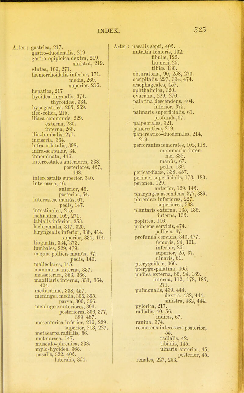 Arter: gastrica, 217. gastro-duodenalis, 219. gastro-epiploica dextra, 219. sinistra, 219. glutea, 109, 271. haemorrhoidalis inferior, 171. media, 269. superior, 216- hepatica, 217 hyoidea lingualis, 374. thyroideae, 334. hypogastrica, 205, 269. ileo-colica, 215. iliaca communis, 229. externa, 230. interna, 268. ilio-lumbalis, 271. incisoria, 364. infra-orbitalis, 398. infra-scapular, 34. innominata, 446. intercostales anteriores, 338. posteriores, 457, 468. intercostalis superior, 340. interossea, 46. anterior, 46. posterior, 54. interosseae manus, 67. pedis, 147. intestinales, 215. ischiadica, 109, 271. labialis inferior, 353. lacbrymalis, 317, 320. laryngealis inferior, 338, 414. superior, 334, 414. lingualis, 334, 373. lumbales, 229, 479. magna pollicis manus, 67. pedis, 140. malleolares, 145. mammaria interna, 337. masseterica, 353, 366. maxillaris interna, 333, 364, 404. mediastinal 338, 457. meningea media, 306, 365. parva, 306, 366. meningeal anteriores, 306. posteriores, 306, 377, 389 487. mesenterica inferior, 216, 229. superior, 213, 227. metacarpa radialis, 56. metatarsea, 147. musculo-pbrenica, 338. mylo-hyoidea, 365. nasalis, 322, 405. lateralis, 354. Arter : nasalis septi, 405. nutritia femoris, 102. fibula?, 122. humeri, 25. tibise, 130. obturatoria, 90, 258, 270. occipitalis, 297, 334, 474. oesophageales, 457. ophthalmica, 320. ovariana, 229, 270. palatina descendens, 404. inferior, 375. palmaris superficialis, 61. profunda, 67. palpebrales, 321. pancreaticse, 219. pancreatico-duodenales, 214, 219. perforantesfemorales, 102,118. mammarias inter- na), 338. manus, 67. pedis, 139. pericardiacse, 338, 457. perinasi superficialis, 173, 180. peronea, 129. anterior, 129, 145. pbaryngea ascendens, 377,389. phrenicas inferiores, 227. superiores, 338. plantaris externa, 135, 139. interna, 135. poplitea, 116. princeps cervicis, 474. pollicis, 67- profunda cervicis, 340,477. femoris, 94, 101. inferior, 26. superior, 25, 37. ulnaris, 61. pterygoidese, 366. pterygo-palatina, 405. pudica externa, 86, 94, 189. interna, 112, 178, 185, 271. pulmonalis, 439, 444. dextra, 432, 444. sinistra, 432, 444. pylorica, 217. radialis, 40, 56. indicis, 67. ranina, 374. recurrens interossea posterior, 55. radialis, 42. tibialis, 145. ulnari3 anterior, 45. posterior, 45. rcnales, 227, 253.