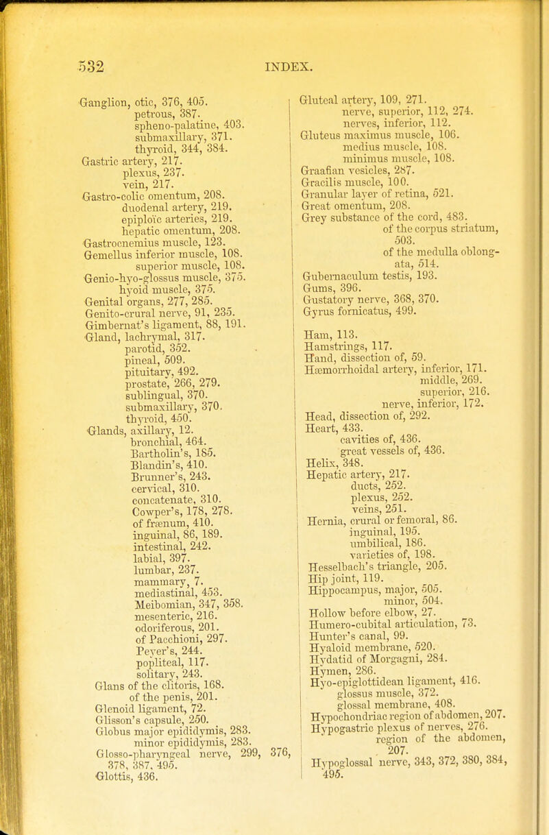 Ganglion, otic, 376, 405. petrous, 387- spheno-palatine, 403. submaxillary, 371. thyroid, 344, 384. Gastric artery, 217. plexus, 237. vein, 217. Gastro-colic omentum, 208. duodenal artery, 219. epiploic arteries, 219. hepatic omentum, 208. Gastrocnemius muscle, 123. Gemellus inferior muscle, 108. superior muscle, 108. Genio-hyo-glossus muscle, 375. hyoid muscle, 375. Genital organs, 277, 285. Genito-crural nerve, 91, 235. Gimbernat's ligament, 88, 191. Gland, lachrymal, 317. parotid, 352. pineal, 509. pituitarv, 492. prostate,'266, 279. sublingual, 370. submaxillary, 370. thyroid, 450. •Glands, axillary, 12. bronchial, 464. Bartholin's, 185. Blandin's, 410. Brunner's, 243. cervical, 310. concatenate, 310. Cowper's, 178, 278. of frasnum, 410. inguinal, 86, 189. intestinal, 242. labial, 397. lumbar, 237. mammary, 7. mediastinal, 453. Meibomian, 347, 358. mesenteric, 216. odoriferous, 201. of Pacchioui, 297. Peyer's, 244. popliteal, 117- solitary, 243. Glaus of the clitoris, 168. of the penis, 201. Glenoid ligament, 72. Glisson's capsule, 250. Globus major epididymis, 283. minor epididymis, 283. Glosso-pharyngeal nerve, 299, 376, 378, 387, 495. Glottis, 436. Gluteal artery, 109, 271. nerve, superior, 112, 274. nerves, inferior, 112. Gluteus maximus muscle, 106. medius muscle, 108. minimus muscle, 108. Graafian vesicles, 2tS7. Gracilis muscle, 100. Granular layer of retina, 521. Great omentum, 208. Grey substance of the cord, 483. of the corpus striatum, 503. of the medulla oblong- ata, 514. Gubemaculuin testis, 193. Gums, 396. Gustatory nerve, 368, 370. Gyrus fornicatus, 499. Ham, 113. Hamstrings, 117. Hand, dissection of, 59. Hemorrhoidal artery, inferior, 171. ' middle, 269. superior, 216. nerve, inferior, 172. Head, dissection of, 292. Heart, 433. cavities of, 436. great vessels of, 436. Helix, 348. Hepatic artery, 217- ducts, 252. plexus, 252. veins, 251. Hernia, crural or femoral, 86. inguinal, 195. umbilical, 186. varieties of, 198. Hesselbach's triangle, 205. Hip joint, 119. Hippocampus, major, 505. minor, 504, I Hollow before elbow, 27. _ l Humero-cubital articulation, 73. Hunter's canal, 99. Hyaloid membrane, 520. Hvdatid of Morgagni, 284. Hymen, 286. Hyo-epiglottidean ligament, 416. glossus muscle, 372. glossal membrane, 408. Hypochondriac region of abdomen, 207. Hypogastric plexus of nerves, 276. region of the abdomen, , 207. Hypoglossal nerve, 343, 372, 380, 3S4, 495.