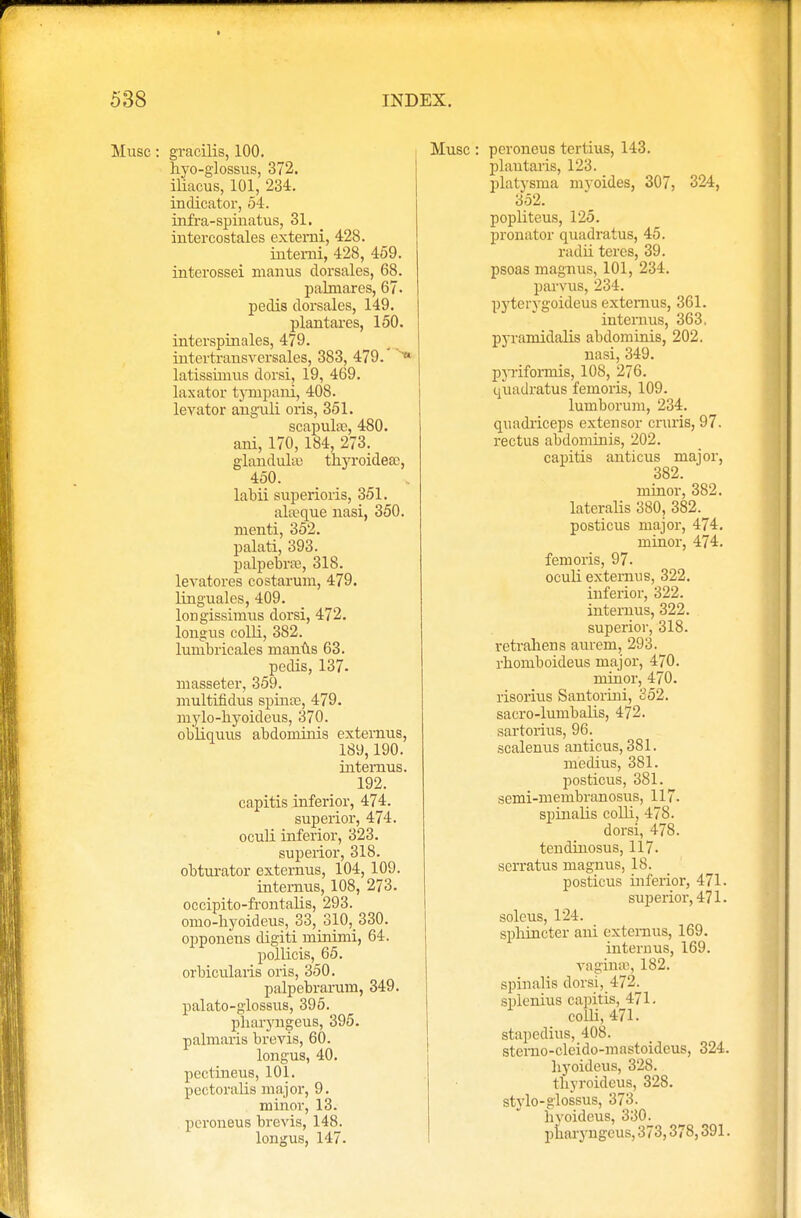 Muse: gracilis, 100. hyo-glossus, 372. iliaeus, 101, 234. indicator, 54. infra-spiuatus, 31. intercostales extemi, 428. intemi, 428, 459. interossei manus dorsales, 68. palmares, 67- pedis dorsales, 149. plantares, 150. interspinales, 479. intertransversales, 383, 479. ■ latissimus dorsi, 19, 469. laxator tympani, 408. levator anguli oris, 351. scapulas, 480. ani, 170,184, 273. glanduku thyroidesc, 450. labii superioris, 351. alseque nasi, 350. menti, 352. palati, 393. palpebrae, 318. levatores costarum, 479. linguales, 409. longissimus dorsi, 472. longus colli, 382. lunibricales manus 63. pedis, 137- masseter, 359. multifidus spinas, 479. mylo-liyoideus, 370. obliquus abdominis externus, 189,190. internus. 192. capitis inferior, 474. superior, 474. oculi inferior, 323. superior, 318. obturator externus, 104, 109. internus, 108, 273. occipito-frontalis, 293. omo-byoideus, 33, 310, 330. opponens digiti minimi, 64. pollicis, 65. orbicularis oris, 350. palpebrarum, 349. palato-glossus, 395. pliaryngeus, 395. palmaris brevis, 60. longus, 40. pectineus, 101. pectoralis major, 9. minor, 13. pcroneus brevis, 148. longus, 147. Muse : peroneus tertius, 143. plautaris, 123. platysma myoides, 307, 324, 352. popliteus, 125. pronator quadratus, 45. radii teres, 39. psoas magnus, 101, 234. parvus, 234. pyterygoideus externus, 361. internus, 363, pyramidalis abdominis, 202. nasi, 349. pyrifonnis, 108, 276. quadratus femoris, 109. lumborum, 234. quadriceps extensor cruris, 97. rectus abdominis, 202. capitis anticus major, 382. minor, 382. lateralis 380, 382.^ posticus major, 474. minor, 474. femoris, 97. oculi externus, 322. inferior, 322. internus, 322. superior, 318. retrahens aurem, 293. rbomboideus major, 470. minor, 470. risorius Santorini, 352. sacro-lumbalis, 472. sartorius, 96. scalenus anticus, 381. medius, 381. posticus, 381. semi-membranosus, 117. spinalis colli, 478. dorsi, 478. tendinosus, 117. serratus magnus, 18. posticus inferior, 471. superior, 471. soleus, 124. sphincter ani externus, 169. internus, 169. vagina?, 182. spinalis dorsi, 472. splenius capitis, 471. colli, 471. stapedius, 408. sterno-cleido-mastoideus, 324. hyoideus, 328. thyroideus, 328. stylo-glossus, 373. hyoideus, 330. pharyngcus, 373,378,391.