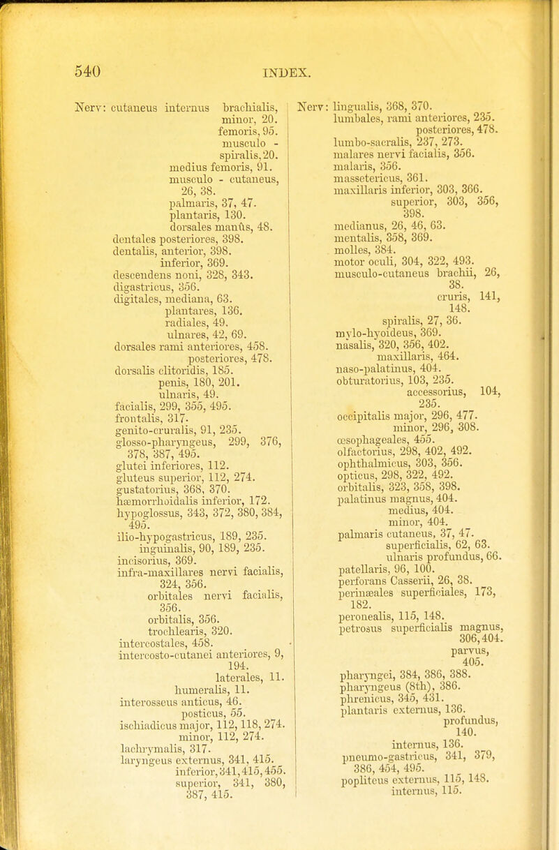 Nerv: cutaneus interims brachialis, minor, 20. femoris, 95. musculo - spiralis, 20. medius femoris, 91. musculo - cutaneus, 26, 38. palmaris, 37, 47. plantaris, 130. dorsales manias, 48. dentales posteriores, 398. dentalis, anterior, 398. inferior, 369. descendens noui, 328, 343. digastricus, 356. digitales, mediana, 63. plantares, 136. radiales, 49. ulnares, 42, 69. dorsales rami anteriores, 458. posteriores, 478. dorsalis clitoridis, 185. penis, 180, 201. ulnaris, 49. facialis, 299, 355, 495. frontalis, 317- genito-cruralis, 91, 235. glosso-pharyngeus, 299, 376, 378, 387, 495. glutei inferiores, 112. gluteus superior, 112, 274. gustatorius, 368, 370. hffimorrhoidalis inferior, 172. hypoglossus, 343, 372, 380, 384, 495. ilio-hypogastricus, 189, 235. inguinalis, 90, 189, 235. incisorius, 369. infra-maxillares nervi facialis, 324, 356. orbitales nervi facialis, 356. orbitalis, 356. trochlearis, 320. intercostales, 458. intercosto-cutanei anteriores, 9, 194. laterales, 11. humeralis, 11. interosseus auticus, 4-6. posticus, 55. iscbiadicus major, 112,118, 274. minor, 112, 274. lacbrymalis, 317. laryngeus externus, 341, 415. inferior, 341,415,455. superior, 341, 380, 387, 415. Nerv: lingualis, 368, 370. lumbales, rami anteriores, 235. posteriores, 47S- lumbo-sacralis, 237, 273. malares nervi facialis, 356. malaris, 356. massetericus, 361. maxillaris inferior, 303, 366. superior, 303, 356, 398. medianus, 26, 46, 63. mentalis, 358, 369. molles, 384. motor oculi, 304, 322, 493. musculo-cutaneus brachii, 26, 38. cruris, 141, 148. spiralis, 27, 36. m\ lo-hyoideus, 369. nasalis, 320, 356, 402. maxillaris, 464. naso-palatmus, 404. obturatorius, 103, 235. accessorius, 104, 235. occipitalis major, 296, 477. minor, 296, 308. ocsopbageales, 455. olfactorius, 298, 402, 492. opbtbabnicus, 303, 356. opticus, 298, 322, 492. orbitalis, 323, 358, 398. palatums magnus, 404. medius, 404. minor, 404. palmaris cutaneus, 37, 47. superficialis, 62, 63. ulnaris profundus, 66. patellaris, 96, 100. perforans Casserii, 26, 38. perinaeales superficiales, 173, 182. peronealis, 115, 148. petrosus superficialis magnus, 306,404. parvus, 405. pbaryngci, 384, 386, 388. pbaryngeus (8th), 386. pbrenicus, 345, 431. plantaris externus, 136. profundus, 140. interims, 136. pneumo-gastricus, 341, 379, 386, 454, 495. popliteus externus, 115, 148. interims, 115.
