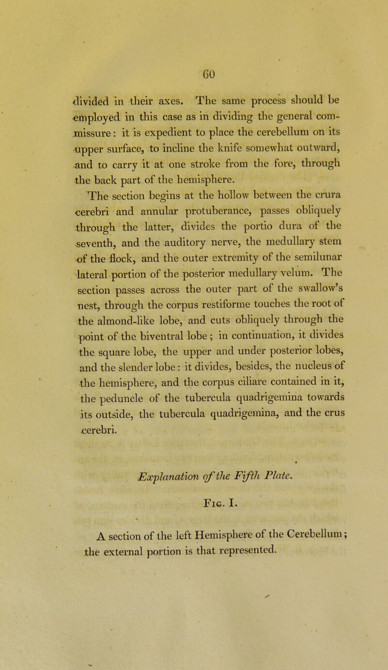 <livided in their axes. The same process sliould be employed in this case as in dividing the general com- missure : it is expedient to place the cerebellum on its upper surface, to incline the knife somewhat outward, and to carry it at one stroke from the fore, through the back part of the hemisphere. The section begins at the hollow between the crura cerebri and annular protuberance, passes obliquely .through the latter, divides the portio dura of the seventh, and the auditory nerve, the medullary stem of the flock, and the outer extremity of the semilunar lateral portion of the posterior medullary velum. The section passes across the outer part of the swallow's nest, through the corpus restiforme touches the root of the almondJike lobe, and cuts obliquely through the point of the biventral lobe; in continuation, it divides the square lobe, the upper and under posterior lobes, and the slender lobe: it divides, besides, the nucleus of the hemisphere, and the corpus ciliare contained in it, the peduncle of the tubercula quadrigemina towards its outside, the tubercula quadrigemina, and the crus cerebri. t ■Explanation of the Fifth Plate, Fig. I. A section of the left Hemisphere of the Cerebellum; the external portion is that represented.