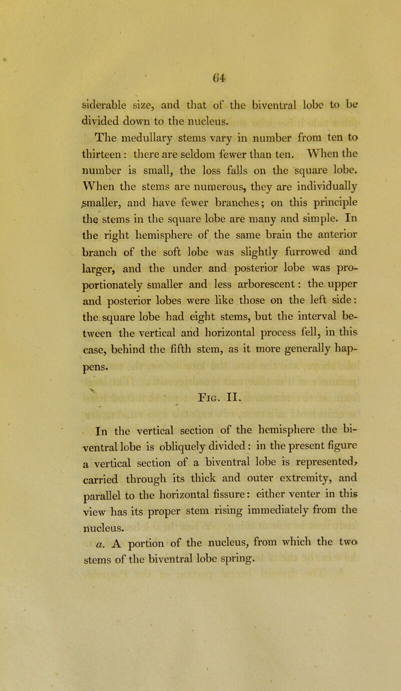 siderable size, and that of the biventral lobe to be divided down to the nucleus. The medullary stems vary in number from ten to thirteen: there are seldom fewer than ten. When the number is small, the loss falls on the square lobe. When the stems are numerous, they are individually j&maller, and have fewer branches; on this principle the stems in the square lobe are many and simple. In the right hemisphere of the same brain the anterior branch of the soft lobe was slightly furrowed and larger, and the under and posterior lobe was pro- portionately smaller and less arborescent: the upper and posterior lobes were like those on the left side: the square lobe had eight stems, but the interval be- tween the vertical and horizontal process fell, in this case, behind the fifth stem, as it more generally hap- pens. Fig. II. In the vertical section of the hemisphere the bi- ventral lobe is obliquely divided: in the present figure a vertical section of a biventral lobe is represented, carried through its thick and outer extremity, and parallel to the horizontal fissure: either venter in this view has its proper stem rising immediately from the nucleus. a. A portion of the nucleus, from which the two stems of the biventral lobe spring.