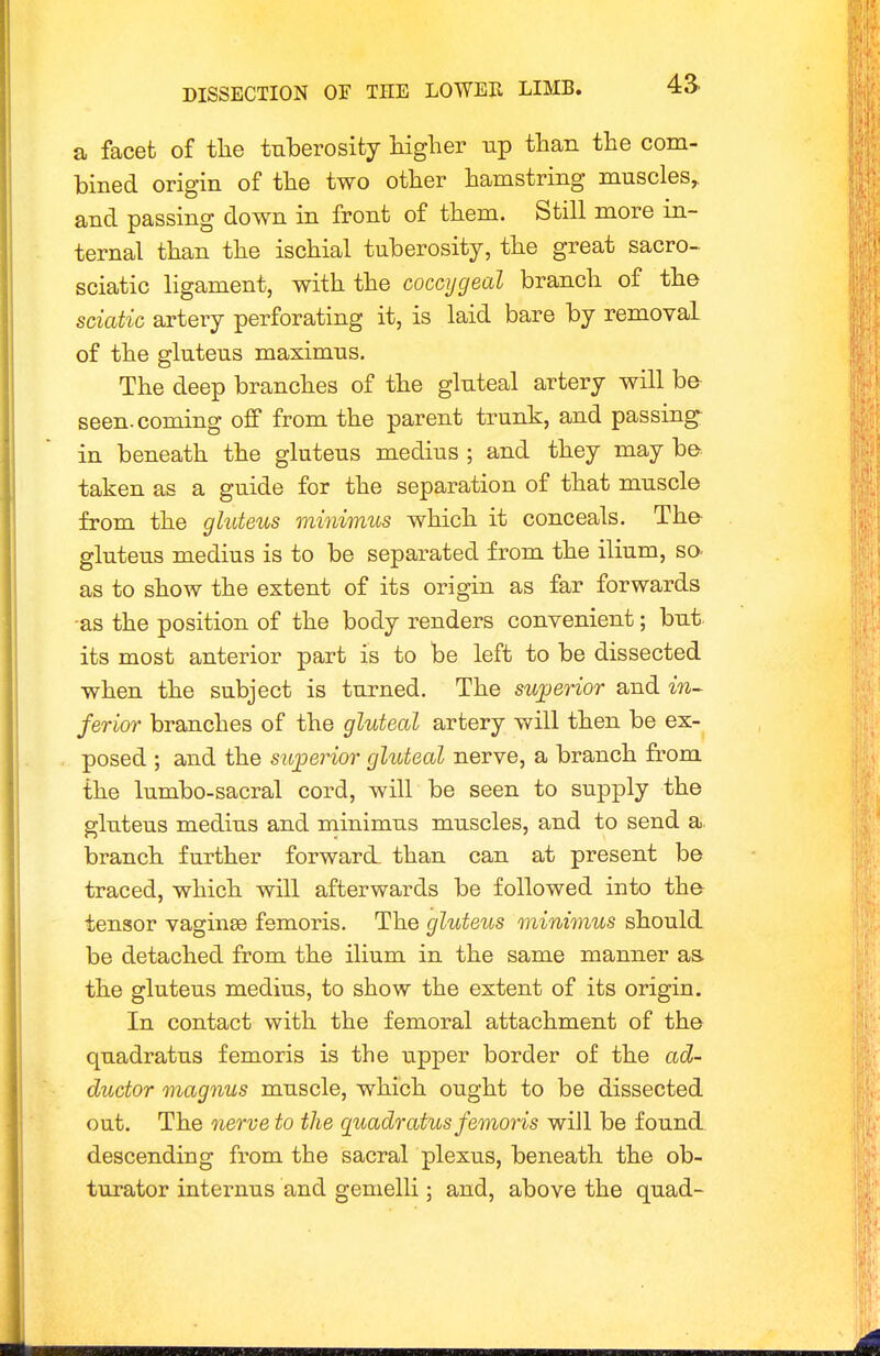 a facet of tlie tuberosity Mglier up than the com- bined origin of the two other hamstring muscles,, and passing down in front of them. Still more in- ternal than the ischial tuberosity, the great sacro- sciatic ligament, with the coccygeal branch of the sciatic artery perforating it, is laid bare by removal of the gluteus maximus. The deep branches of the gluteal artery will be seen, coming ofi* from the parent trunk, and passing^ in beneath the gluteus medius ; and they may be- taken as a guide for the separation of that muscle from the gluteus minimus which it conceals. The- gluteus medius is to be separated from the ilium, so- as to show the extent of its origin as far forwards as the position of the body renders convenient; but its most anterior part is to be left to be dissected when the subject is turned. The su])erior and in^ ferioT branches of the gluteal artery will then be ex- posed ; and the superior ghiteal nerve, a branch from the lumbo-sacral cord, will be seen to supply the gluteus medius and minimus muscles, and to send a branch further forward than can at present be traced, which will afterwards be followed into the tensor vaginae femoris. The gluteus minimus should be detached from the ilium in the same manner aa the gluteus medius, to show the extent of its origin. In contact with the femoral attachment of the quadratus femoris is the upper border of the ad- ductor magnus muscle, which ought to be dissected out. The nerve to the quadratus femoris will be found descending from the sacral plexus, beneath the ob- turator internus and gemelli; and, above the quad-