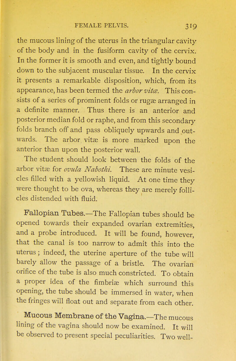 the mucous lining of the uterus in the triangular cavity of the body and in the fusiform cavity of the cervix. In the former it is smooth and even, and tightly bound down to the subjacent muscular tissue. In the cervix it presents a remarkable disposition, which, from its appearance, has been termed the arbor vitce. This con- sists of a series of prominent folds or rugae arranged in a definite manner. Thus there is an anterior and posterior median fold or raphe, and from this secondary folds branch off and pass obliquely upwards and out- wards. The arbor vitae is more marked upon the anterior than upon the posterior wall. The student should look between the folds of the arbor vitae for ovula Nabothi. These are minute vesi- cles filled with a yellowish liquid. At one time they were thought to be ova, whereas they are merely folli- cles distended with fluid. Fallopian Tubes.—The Fallopian tubes should be opened towards their expanded ovarian extremities, and a probe introduced. It will be found, however, that the canal is too narrow to admit this into the uterus; indeed, the uterine aperture of the tube will barely allow the passage of a bristle. The ovarian orifice of the tube is also much constricted. To obtain a proper idea of the fimbriae which surround this opening, the tube should be immersed in water, when the fringes will float out and separate from each other. Mucous Membrane of the Vagina.—The mucous lining of the vagina should now be examined. It will be observed to present special peculiarities. Two well-