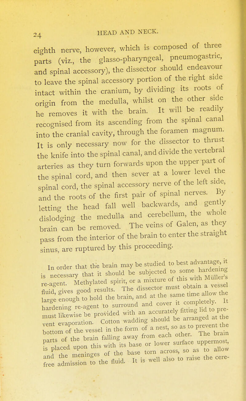 eighth nerve, however, which is composed of three parts (viz., the glasso-pharyngeal, pneumogastnc, and spinal accessory), the dissector should endeavour to leave the spinal accessory portion of the right side intact within the cranium, by dividing its roots of origin from the medulla, whilst on the other side he removes it with the brain. It will be readily recognised from its ascending from the spinal canal into the cranial cavity, through the foramen magnum. It is only necessary now for the dissector to thrust the knife into the spinal canal, and divide the vertebral arteries as they turn forwards upon the upper part of the spinal cord, and then sever at a lower level the spinal cord, the spinal accessory nerve of the left side, and the roots of the first pair of spinal nerves. By letting the head fall well backwards, and gently dislodging the medulla and cerebellum, the whole brain can be removed. The veins of Galen, as they pass from the interior of the brain to enter the straight sinus, are ruptured by this proceeding. In order that the brain may be studied to best advantage, it is necessary that it should be subjected to some hardenmg e-agenl'. Methylated spirit, or a mixture of this wtfh Muller and the meninges u the c£re. free admission to the fluid. It is *eii aiso