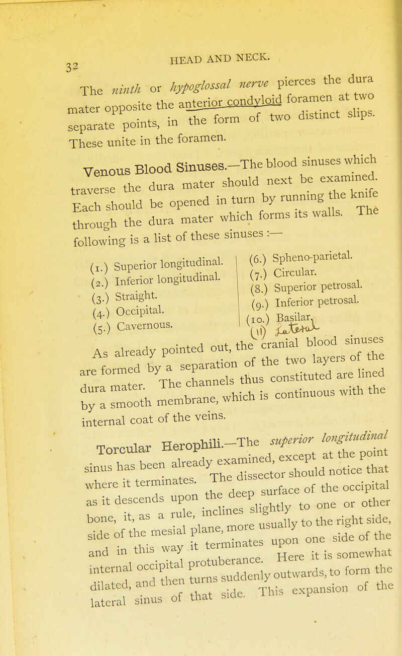 The ninth or hypoglossal nerve pierces the dura mater opposite the arrferio^d^ foramen at two mater opp distinct shp5 separate points, in tne iorui These unite in the foramen. Venous Blood Sinuses.-The blood sinuses which „ the dura mater should next be examined. Each should be opened in turn by running the knife Through the dura mater which forms its walls. The following is a list of these sinuses :- (I ) Superior longitudinal. (6.) Sphenoparietal. U Inferior longitudinal. (7.) Circular. (8.) Superior petrosal. (3.) Straight V / inferfor trosaL (4 ) 0cclP'tal- ( o.) Basilar. (5.) Cavernous. I K J ^jj^L As already pointed out, the cranial blood sinuses r ! bv a separation of the two layers of the T er The channels thus constituted are lined ^ 1^ membrane, which is continuous with the internal coat of the veins. Torcular Herophili.-The superior longitudinal Jn^been ^^^£S where it terminate, Thdssec^ ^ descends ^ to one or other bone, it as a ru e tQ ^ ^ dilated, an expansion of the lateral sinus of that sice.