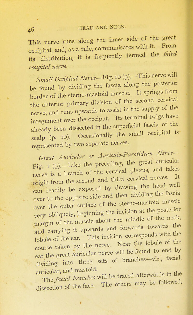 This nerve runs along the inner side of the great occipital, and, as a rule, communicates with it From its distribution, it is frequently termed the tlurd occipital nerve. Small Occipital Nerve-Fig. 10 (9).-This nerve will be found by dividing the fascia along the posterior border of the sterno-mastoid muscle. It springs from the anterior primary division of the second cervical nerve, and runs upwards to assist in the supply of the integument over the occiput. Its terminal twigs have already been dissected in the superficial fasaa of the scalp (P. 10). Occasionally the small occipital >s represented by two separate nerves. Great Auricular or Auriculo-Parotidean Nerve- Fig I (9)-Like the preceding, the great auricular ne^ve is a branch of the cervical plexus, and takes origin from the second and third cervical nerves. I J readily be exposed by drawing the head over to the opposite side and then dividing theTaa over the outer surface of the sterno-mastoid muscle very obliquely, beginning the incision at the posterior m fgin of the muscle about the middle of the neck /carrying it upwards and forwards — th lobule of the ear. This incision corresponds with the course taken by the nerve. Near the lobule of the ear the great auricular nerve will be found to end by hiding into three sets of branches-viz., facial, auricular, and mastoid. # Zfaaal tranches will be traced afterwards in the dissection of the face. The others may be followed,