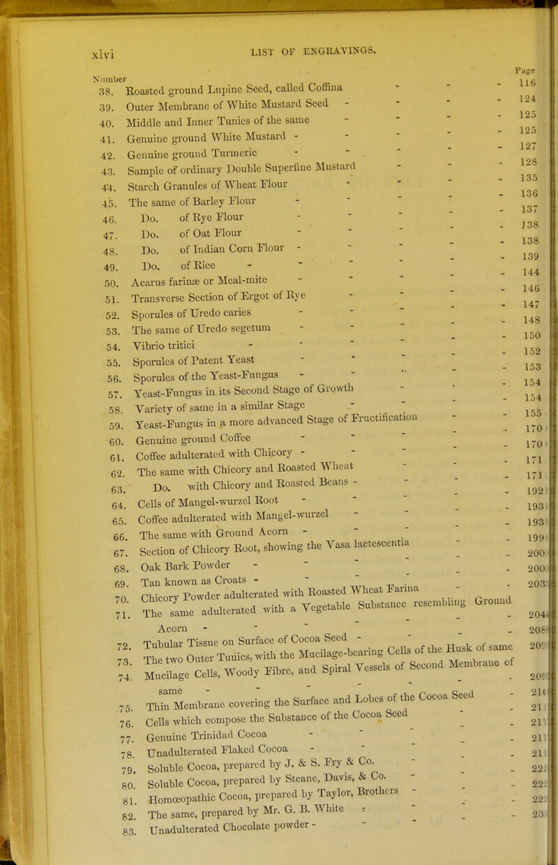 Page Number ^iQ 38. Roasted ground Lupine Seed, called Coffina 39. Outer Membrane of White Mustard Seed - -   40. Middle and Inner Tunics of the same -   ' 41. Genuine ground White Mustard - - ' '  42. Genuine ground Turmeric -  . ' 43. Sample of ordinary Double Superfine Mustard 4-4. Starch Granules of Wheat Tlour - ' ' ' 45. The same of Barley Tlour - -   ' 46. Do. of Rye Flour -  ■ ' ' 47. Do. of Oat riour -  ' ' ' 48. Do. of Indian Corn Flour - -   ' 49. Do. of Rice - '   50. Acarus farinoe or Meal-mite - *   51. Transverse Section of Ergot of Rye 52. Sporules of Uredo caries - * '  53. The same of Uredo segetum - 54. Vibrio tritici -  ' ' 124 125 125 127 128 135 136 137 ]38 138 139 144 146 147 148 150 153 154 154 155 171 171 55. Sporules of Patent Yeast 56. Sporules of the Yeast-Fungus 57. Yeast-Fungus in its Second Stage of Growth 58 Variety of same in a similar Stage 59', Yeast-Fungus in a more advanced Stage of Fructification ^ ^ ^ ^ 60. Genuine ground Coffee -   _ .1701 61. Coffee adulterated with Chicory - 62. The same with Chicory and Roasted Wheat 63. Do. Avith Chicory and Roasted Beans - ^ ^^^^ 64. Cells of Mangel-wurzel Root -   ^ . 193> 65. Coffee adulterated with Mangel-wurzel '  66 The same with Ground Acorn - -  ^^^^ 67; Section of Chicory Root, showing the Vasa lactescentia -  68. Oak Bark Powder -   _ , 200. 69. Tan known as Croats -  ^ ^ . . oo3 ' 70 Chicorv Powder adulterated with Roasted Wheat Farma - n, Trsa- adulterated wi^ Acorn - -  _ 2085 MX cl,Woo.y Fibre, and spiral y^^^^^^ 75 ThrMembranecoveri;g the Sur'face and Lobes of the Cocoa seed - 21( 76. Cells which compose the Substance of the Cocoa Seed - _ 77, Genuine Trinidad Cocoa -  _ .21 78 Unadulterated Flaked Cocoa -   _ 79 Soluble Cocoa, prepared by J. &S. Fry & Co. - _ 80 Soluble Cocoa, prepared by Steane, Davis, & Co. «; Homoeopathic Cocoa, prepared by Taylor, Brothers 82. The same, prepared by Mr. G. B. White . 83. Unadulterated Chocolate powder- 2'2 2'2