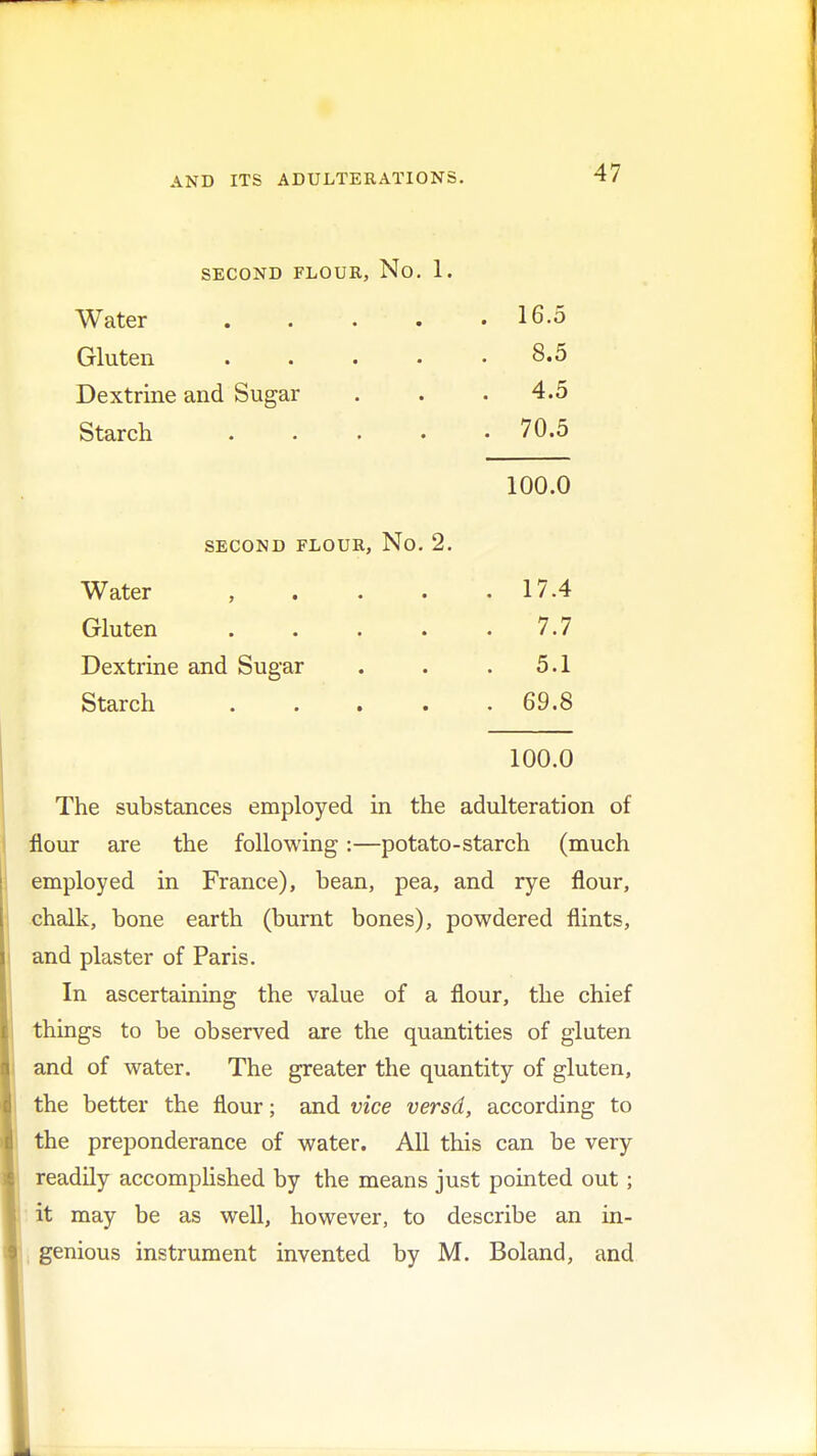 SECOND FLOUR, No Water Gluten Dextrine and Sugar Starch 1. 16.5 8.5 4.5 70.5 SECOND FLOUR, No Water , Gluten Dextrine and Sugar Starch 100.0 17.4 7.7 5.1 69.8 100.0 The substances employed in the adulteration of flour are the following:—potato-starch (much employed in France), bean, pea, and rye flour, chalk, bone earth (burnt bones), powdered flints, and plaster of Paris. In ascertaining the value of a flour, the chief things to be observed are the quantities of gluten and of water. The greater the quantity of gluten, the better the flour; and vice versd, according to the preponderance of water. All this can be very readily accomplished by the means just pointed out; it may be as well, however, to describe an in- genious instrument invented by M. Boland, and