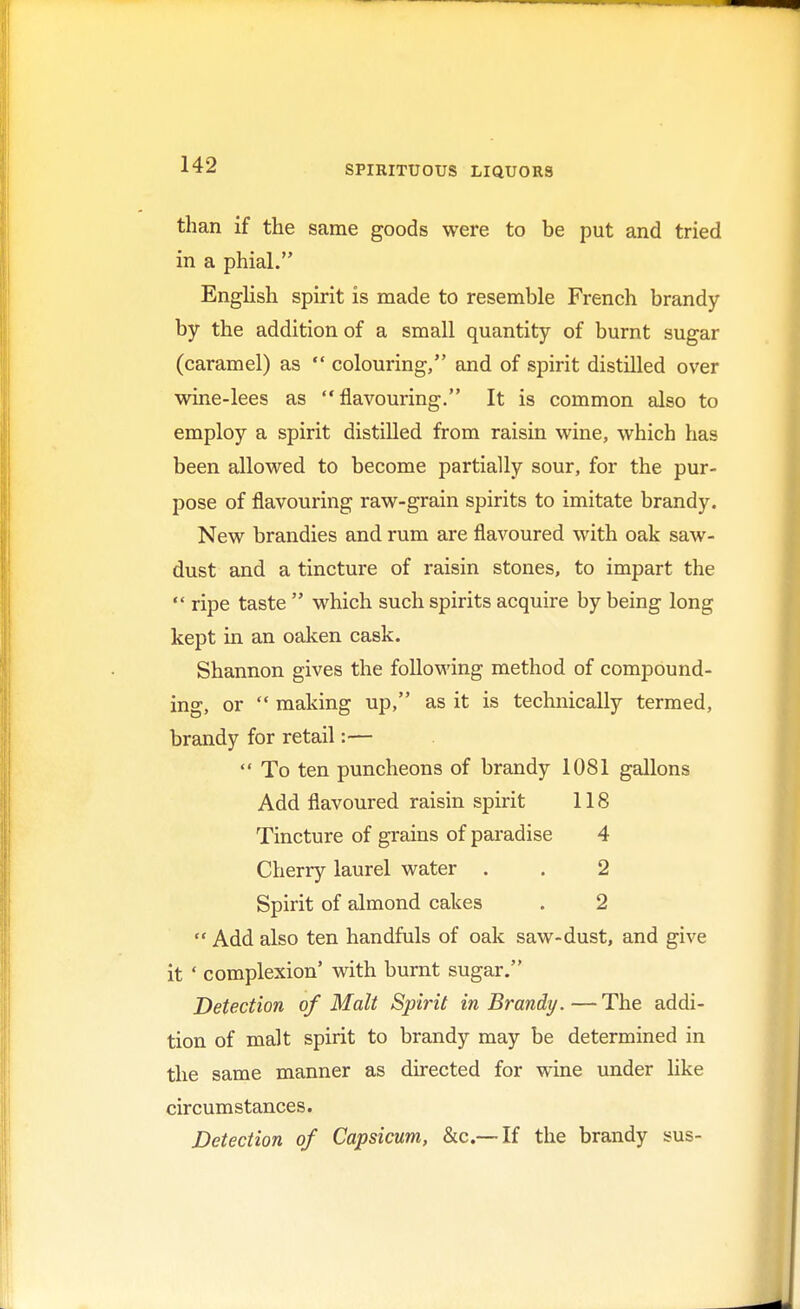 than if the same goods were to be put and tried in a phial. English spirit is made to resemble French brandy by the addition of a small quantity of burnt sugar (caramel) as  colouring, and of spirit distilled over wine-lees as flavouring. It is common also to employ a spirit distilled from raisin wine, which has been allowed to become partially sour, for the pur- pose of flavouring raw-grain spirits to imitate brandy. New brandies and rum are flavoured with oak saw- dust and a tincture of raisin stones, to impart the  ripe taste  which such spirits acquire by being long kept in an oaken cask. Shannon gives the following method of compound- ing, or  making up, as it is technically termed, brandy for retail:—  To ten puncheons of brandy 1081 gallons Add flavoured raisin spirit 118 Tincture of grains of paradise 4 Cherry laurel water . . 2 Spirit of almond cakes . 2  Add also ten handfuls of oak saw-dust, and give it ' complexion' with burnt sugar. Detection of Malt Spirit in Brandy.—The addi- tion of malt spirit to brandy may be determined in the same manner as directed for wine under like circumstances. Detection of Capsicum, &c—If the brandy sus-