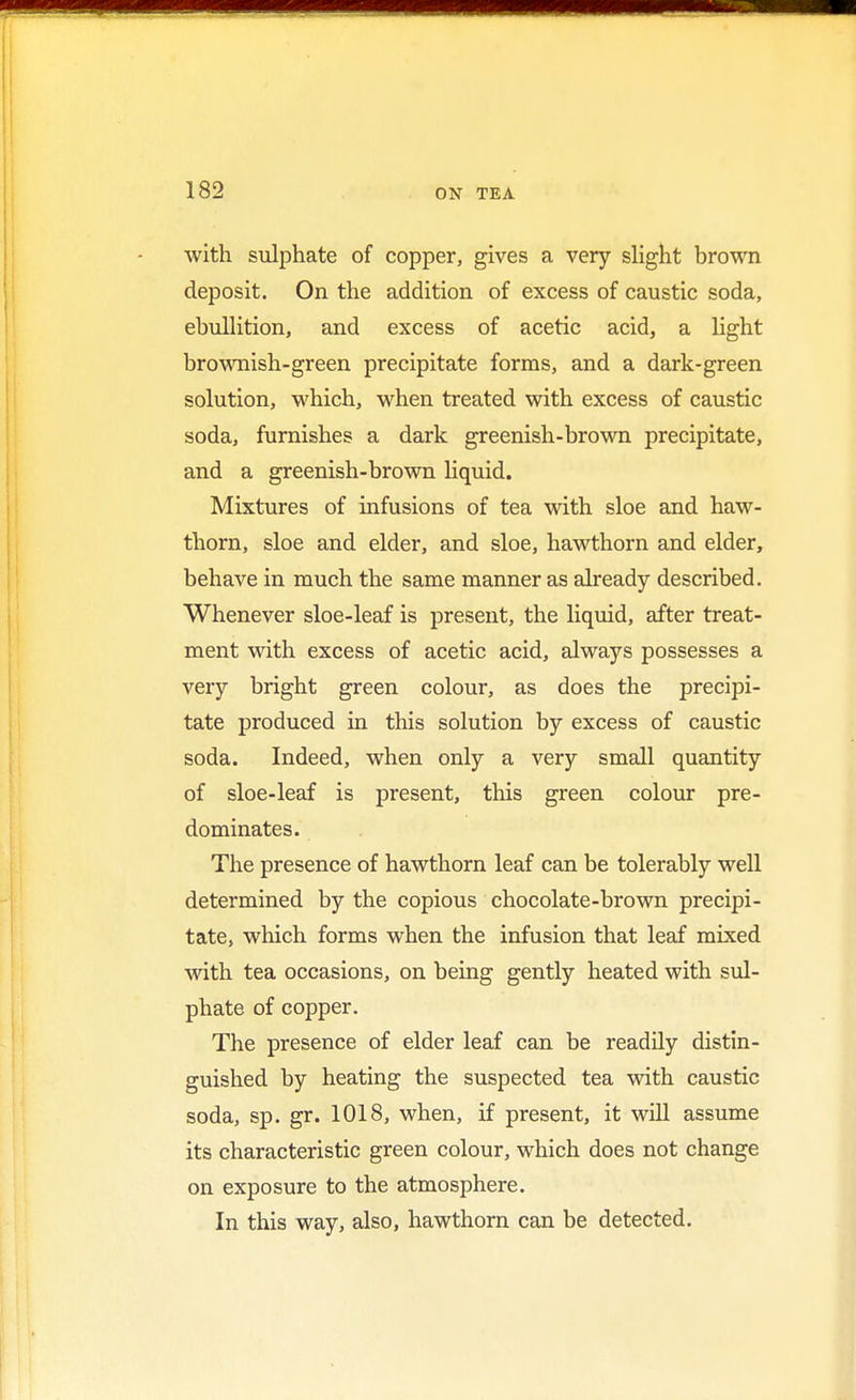 with sulphate of copper, gives a very slight brown deposit. On the addition of excess of caustic soda, ebullition, and excess of acetic acid, a light brownish-green precipitate forms, and a dark-green solution, which, when treated with excess of caustic soda, furnishes a dark greenish-brown precipitate, and a greenish-brown liquid. Mixtures of infusions of tea with sloe and haw- thorn, sloe and elder, and sloe, hawthorn and elder, behave in much the same manner as already described. Whenever sloe-leaf is present, the liquid, after treat- ment with excess of acetic acid, always possesses a very bright green colour, as does the precipi- tate produced in this solution by excess of caustic soda. Indeed, when only a very small quantity of sloe-leaf is present, this green colour pre- dominates. The presence of hawthorn leaf can be tolerably well determined by the copious chocolate-brown precipi- tate, which forms when the infusion that leaf mixed with tea occasions, on being gently heated with sul- phate of copper. The presence of elder leaf can be readily distin- guished by heating the suspected tea with caustic soda, sp. gr. 1018, when, if present, it will assume its characteristic green colour, which does not change on exposure to the atmosphere. In this way, also, hawthorn can be detected.