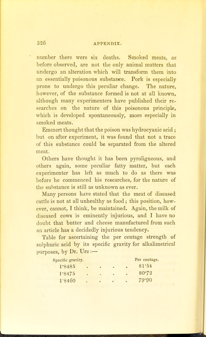 number there were six deaths. Smoked meats, as before observed, are not the only animal matters that undergo an alteration which will transform them into an essentially poisonous substance. Pork is especially prone to undergo this peculiar change. The nature, however, of the substance formed is not at all known, although many experimenters have published their re- searches on the nature of this poisonous principle, which is developed spontaneously, more especially in smoked meats. Emmert thought that the poison was hydrocyanic acid ; but on after experiment, it was found that not a trace of this substance could be separated from the altered meat. Others have thought it has been pyroligneous, and others again, some peculiar fatty matter, but each experimenter has left as much to do as there was before he commenced his researches, for the nature of the substance is still as unknown as ever. Many persons have stated that the meat of diseased cattle is not at all unhealthy as food; this position, how- ever, cannot, I think, be maintained. Again, the milk of diseased cows is eminently injurious, and I have no doubt that butter and cheese manufactured from such an article has a decidedly injurious tendency. Table for ascertaining the per centage strength of sulphuric acid by its specific gravity for alkalimetrical purposes, by Dr. Ure:— Specific gravity. Per centage. 1*8485 .... 8T54 1-8475 .... 80*72 T8460 .... 79*90
