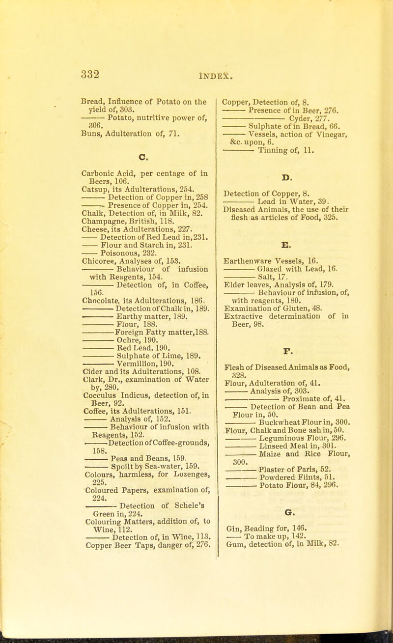 Bread, Influence of Potato on the yield of, 303. Potato, nutritive power of, 306. Buns, Adulteration of, 71. C. Carbonic Acid, per centage of in Beers, 106. Catsup, its Adulterations, 254. Detection of Copper in, 258 Presence of Copper in, 254. Chalk, Detection of, in Milk, 82. Champagne, British, 118. Cheese, its Adulterations, 227. Detection of Red Lead in, 231. Flour and Starch in, 231. Poisonous, 232. Chicoree, Analyses of, 153. Behaviour of infusion with Reagents, 154. Detection of, in Coffee, 156. Chocolate, its Adulterations, 186- Detection of Chalk in, 189. ■ Earthy matter, 189. Flour, 188. Foreign Fatty matter,188. Ochre, 190. Red Lead. 190. Sulphate of Lime, 189. Vermillion, 190. Cider and its Adulterations, 108. Clark, Dr., examination of Water by, 280. Cocculus Indicus, detection of, in Beer, 92. Coffee, its Adulterations, 151. Analysis of, 152. Behaviour of infusion with Reagents, 152. ■ Detection of Coffee-grounds, 158. Peas and Beans, 159. Spoilt by Sea-water, 159. Colours, harmless, for Lozenges, 225. Coloured Papers, examination of, 224. —— Detection of Scheie's Green in, 224. Colouring Matters, addition of, to Wine, 112. Detection of, in Wine, 113. Copper Beer Taps, danger of, 276. Copper, Detection of, 8. Presence of in Beer, 276. Cyder, 277. Sulphate of in Bread, 66. Vessels, action of Vinegar, &c. upon, 6. Tinning of, 11. D. Detection of Copper, 8. Lead in Water, 39. Diseased Animals, the use of their flesh as articles of Food, 325. E. Earthenware Vessels, 16. Glazed with Lead, 16. Salt, 17. Elder leaves, Analysis of, 179. Behaviour of infusion, of, with reagents, 180. Examination of Gluten, 48. Extractive determination of in Beer, 98. F. Flesh of Diseased Animals as Food, 328. Flour, Adulteration of, 41. Analysis of, 303. Proximate of, 41. Detection of Bean and Pea Flour in, 50. Buckwheat Flour in, 300. Flour, Chalk and Bone ash in, 50. Leguminous Flour, 296. Linseed Meal in, 301. Maize and Rice Flour, 300. Plaster of Paris, 52. Powdered Flints, 51. Potato Flour, 84, 296. G. Gin, Beading for, 146. ■ To make up, 142. Gum, detection of, in Milk, 82.