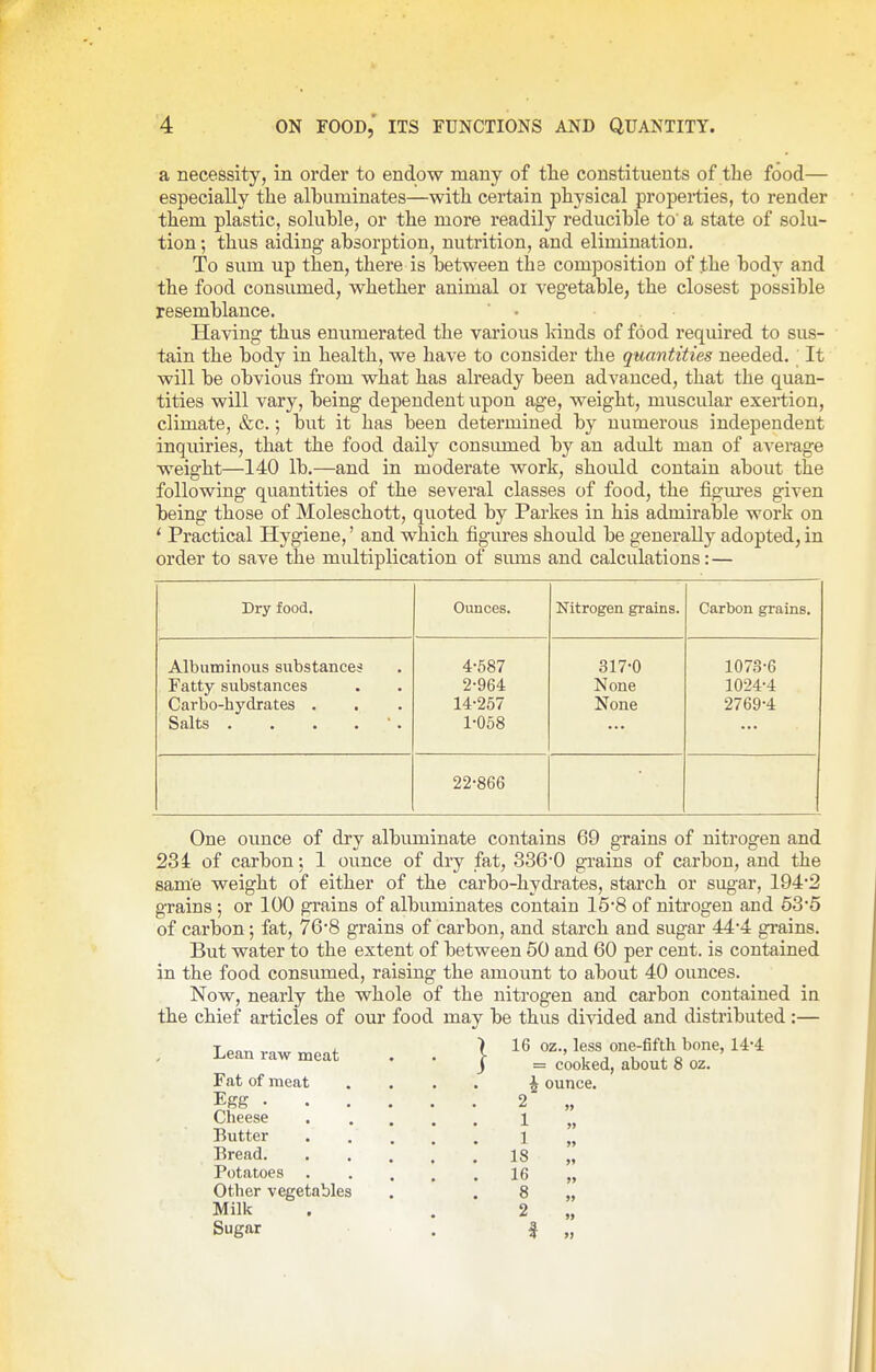 a necessity, in order to endow many of tlie constituents of tlie food— especially the albuminates—with certain physical properties, to render them plastic, soluble, or the more readily reducible to' a state of solu- tion ; thus aiding absorption, nutrition, and elimination. To sum up then, there is between the composition of the body and the food consiuned, whether animal or vegetable, the closest possible resemblance. • Having thus enumerated the various Irinds of food required to sus- tain the body in health, we have to consider the quantities needed. ' It will be obvious from what has already been advanced, that the quan- tities will vary, being dependent upon age, weight, muscular exertion, climate, &c.; but it has been determined by numerous independent inquiries, that the food daily consumed by an adult man of average weight—140 lb.—and in moderate work, should contain about the following quantities of the several classes of food, the figm'es given being those of Moleschott, quoted by Parkes in his admirable work on * Practical Hygiene,' and which figures should be generally adopted,in order to save the multiplication of smns and calculations:— Dry food. Ounces. Nitrogen grains. Carbon grains. Albuminous substances Fatty substances Carbo-hydrates . S Silts • • • • • 4-587 2-964 14-257 1-058 317-0 None None 1073-6 1024-4 2769-4 22-866 One ounce of dry albuminate contains 69 grains of nitrogen and 23i of carbon; 1 ounce of dry fat, 336-0 grains of carbon, and the same weight of either of the carbo-hydrates, starch or sug-ar, 194-2 grains; or 100 grains of albuminates contain 15*8 of nitrogen and 63-5 of carbon; fat, 76*8 grains of carbon, and starch and sugar 44*4 grains. But water to the extent of between 50 and 60 per cent, is contained in the food consumed, raising the amount to about 40 ounces. Now, nearly the whole of the nitrogen and carbon contained in the chief articles of our food may be thus divided and distributed :— I 16 oz., less one-fifth bone, 14-4 Lean raw meat Fat of meat Egg • Cheese Butter Bread. Potatoes . Other vegetables Milk Sugar 2 1 1 18 16 8 2 = cooked, about 8 oz. \ ounce.