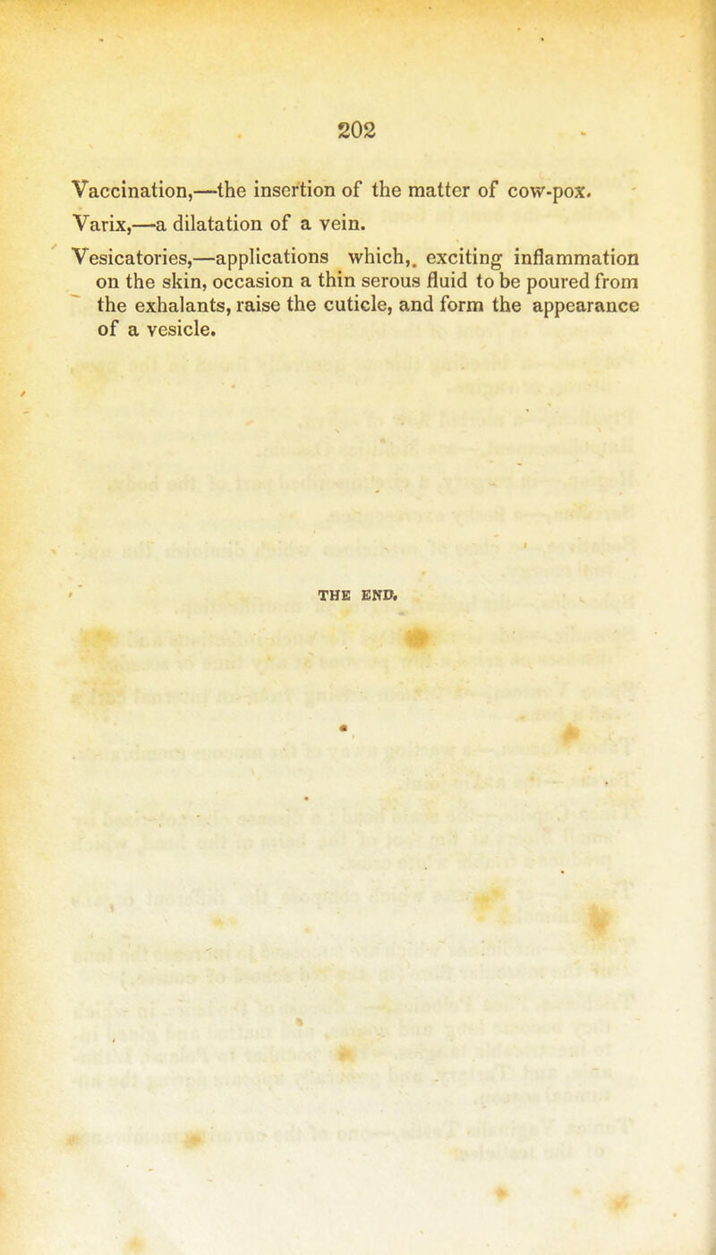 Vaccination,—the insertion of the matter of cow-pox. Varix,—a dilatation of a vein. Vesicatories,—applications which,, exciting inflammation on the skin, occasion a thin serous fluid to be poured from the exhalants, raise the cuticle, and form the appearance of a vesicle. THE mv.