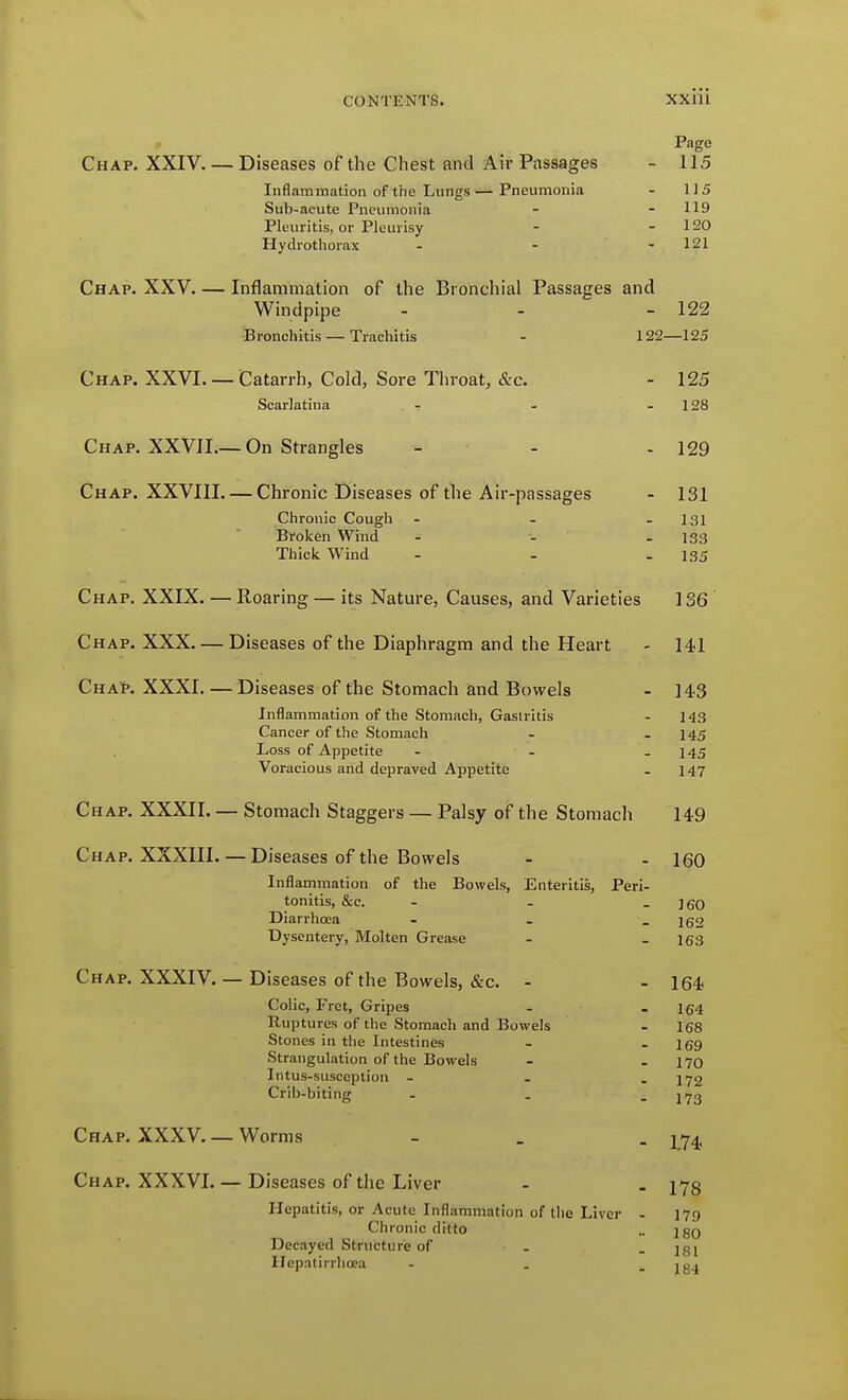 Page Chap. XXIV. — Diseases of the Chest and Air Passages - 115 Inflammation of the Lungs — Pneumorxia - 115 Sub-acute Pneumonia - - 119 Pleuritis, or Pleurisy - - 120 Hydrothorax - - - 121 Chap. XXV. — Inflammation of the Bronchial Passages and Windpipe - - - 122 Bronchitis — Trachitis - 122—125 Chap. XXVI. — Catarrh, Cold, Sore Throat, &c. - 125 Scarlatina - - - 128 Chap. XXVIL—On Strangles - - - 129 Chap. XXVIII. — Chronic Diseases of tlie Air-passages - 131 Chronic Cough - - - 131 Broken Wind - - - 133 Thick Wind - - - 135 Chap. XXIX. —Roaring — its Natm-e, Causes, and Varieties 136 Chap. XXX. — Diseases of the Diaphragm and the Heart - 141 Chap. XXXI. — Diseases of the Stomach and Bowels - 143 Inflammation of the Stomach, Gaslritis - 143 Cancer of the Stomach - - 145 Loss of Appetite - . . 145 Voracious and depraved Appetite - 147 Chap. XXXII. — Stomach Staggers — Palsy of the Stomach 149 Chap. XXXIII. — Diseases of the Bowels - - 160 Inflammation of the Bowels, Enteritis, Peri- tonitis, &c. - - -160 Diarrhoea - _ - 162 Dysentery, Molten Grease - - 163 Chap. XXXIV. — Diseases of the Bowels, &c. - - 164 Colic, Fret, Gripes - - 164 Ruptures of the Stomach and Bowels - 168 Stones in the Intestines - . jgg Strangulation of the Bowels - - 170 Intus-susception - - - 172 Crib-biting - - - 173 Chap. XXXV. — Worms - . . 174. Chap. XXXVI. — Diseases of the Liver - . 273 Hepatitis, or Acute Inflammation of the Liver - 179 Chronic ditto .. ] gg Decayed Structure of . - 181 IlepatirrlicBa - . - 184