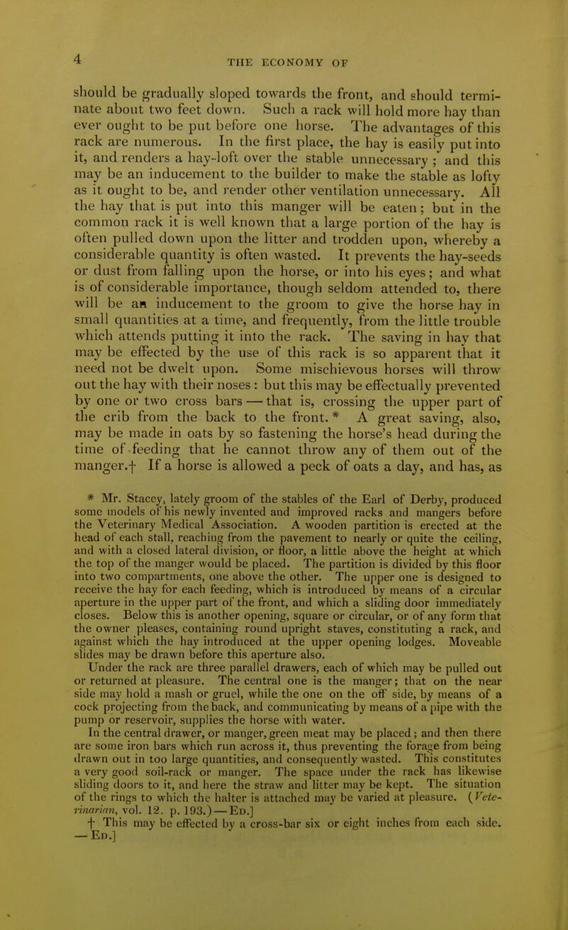 should be gradually sloped towards the front, and should termi- nate about two feet down. Sucli a rack will hold more hay than ever ought to be put before one horse. 'J'he advantages of this rack are numerous. In the first place, the hay is easily put into it, and renders a hay-loft over the stable unnecessary ; and this may be an inducement to the builder to make the stable as lofty as it ought to be, and render other ventilation unnecessary. All the hay that is put into this manger will be eaten; but in the common rack it is well known that a large portion of the hay is often pulled down upon the litter and trodden upon, whereby a considerable quantity is often wasted. It prevents the bay-seeds or dust from falling upon the horse, or into his eyes; and what is of considerable importance, though seldom attended to, there will be an inducement to the groom to give the horse hay in small quantities at a time, and frequently, from the little trouble which attends putting it into the rack. The saving in hay that may be effected by the use of this rack is so apparent tliat it need not be dwelt upon. Some mischievous horses will throw out the hay with their noses : but this may be effectually prevented by one or two cross bars — that is, crossing the upper part of the crib from the back to the front. * A great saving, also, may be made in oats by so fastening the horse's head during the time of feeding that he cannot throw any of them out of the manger.f If a horse is allowed a peck of oats a day, and has, as * Mr. Staccy, lately groom of the stables of the Earl of Derby, produced some models of his newly invented and improved racks and mangers before the Veterinary Medical Association. A wooden partition is erected at the head of each stall, reaching from the pavement to nearly or quite the ceiling, and with a closed lateral division, or floor, a little above the height at which the top of the manger would be placed. The partition is divided by this floor into two compartments, one above the other. The upper one is designed to receive the hay for each feeding, which is introduced by means of a circular aperture in the upper part of the front, and which a sliding door immediately closes. Below this is another opening, square or circular, or of any form that the owner pleases, containing round upright staves, constituting a rack, and against which the hay introduced at the upper opening lodges. Moveable slides may be drawn before this aperture also. Under the rack are three parallel drawers, each of which may be pulled out or returned at pleasure. The central one is the manger; that on the near side may hold a mash or gruel, while the one on the off side, by means of a cock projecting from the back, and communicating by means of a pipe with the pump or reservoir, supplies the horse with water. In the central drawer, or manger, green meat may be placed; and then there are some iron bars which run across it, thus preventing the forage from being drawn out in too large quantities, and consequently wasted. This constitutes a very good soil-rack or manger. The space under the rack has likewise sliding doors to it, and here the straw and litter may be kept. The situation of the rings to which the halter is attached may be varied at pleasure. ( Vele- rinarifin, vol. 12. p. 193.) — En.] •j- This may be effected by a cross-bar six or eight inches from each side. — Ed.]