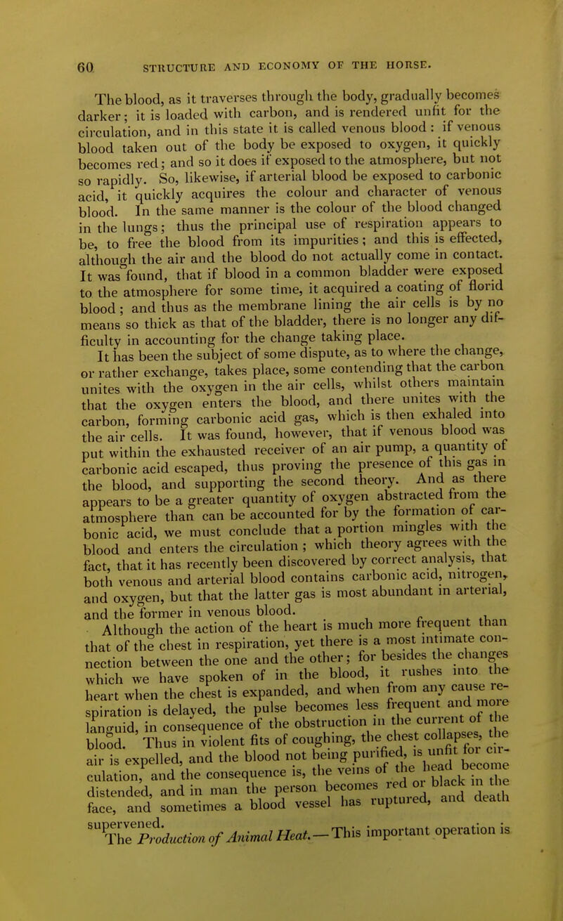 The blood, as it traverses through the body, gradually becomes darker; it is loaded with carbon, and is rendered unfit for the circulation, and in this state it is called venous blood: if venous blood taken out of the body be exposed to oxygen, it quickly becomes red; and so it does if exposed to the atmosphere, but not so rapidly. So, likewise, if arterial blood be exposed to carbonic acid, it quickly acquires the colour and character of venous blood. In the same manner is the colour of the blood changed in the lungs; thus the principal use of respiration appears to be, to free the blood from its impurities; and this is effected, althouo-h the air and the blood do not actually come in contact. It was^'found, that if blood in a common bladder were exposed to the atmosphere for some time, it acquired a coating of florid blood; and thus as the membrane lining the air cells is by no means so thick as that of the bladder, there is no longer any dif- ficulty in accounting for the change taking place. It has been the subject of some dispute, as to where the change, or rather exchange, takes place, some contending that the carbon unites with the oxygen in the air cells, whilst others maintam that the oxygen enters the blood, and there unites with the carbon, forming carbonic acid gas, which is then exhaled into the air cells. It was found, however, that if venous blood was put within the exhausted receiver of an air pump, a quantity of carbonic acid escaped, thus proving the presence of this gas in the blood, and supporting the second theory. And as there appears to be a greater quantity of oxygen abstracted from the atmosphere than can be accounted for by the formation of car- bonic acid, we must conclude that a portion mingles with the blood and enters the circulation ; which theory agrees with the fact, that it has recently been discovered by correct analysis, that both venous and arterial blood contains carbonic acid, nitrogen, and oxygen, but that the latter gas is most abundant in arterial, and the former in venous blood. Althouo-h the action of the heart is much more fi-equent than that of thS chest in respiration, yet there is a most intimate con- nection between the oiie and the other; for besides the changes which we have spoken of in the blood, it rushes into the heart when the chest is expanded, and when from any cause re- piration is delayed, the pulse becomes less ft-equent and more kncuid, in consequence of the obstruction m the curi^nt of 1 e bloSd. Thus in 'violent fits of coughing, tl- chest coUapses, t e air is expelled, and the blood not bemg P^-^/f' ^^^^^ ^^^J^^; culation, and the consequence is, the veins ^^^.^J^^'^^ck in he distended, and in man the person becomes red oi black m tl e face, and sometimes a blood vessel has ruptured, and death