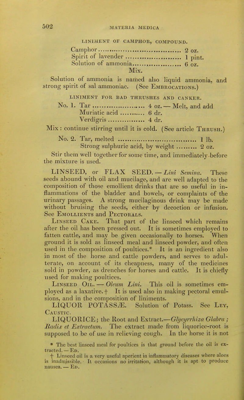 LINIMENT OF CAMPHOR, COMPOUND. Camphor 2 oz. Spirit of lavender 1 pint. Solution of ammonia 6 oz. Mix. Solution of ammonia is named also liquid ammonia, and strong spirit of sal ammoniac. (See Embrocations.) LINIMENT for BAD THRUSHES AND CANKER. No. 1. Tar 4 oz. — Melt, and add Muriatic acid 6 dr. Verdigris 4 dr. Mix : continue stirring until it is cold. (See article Thrush.) No. 2. Tar, melted 1 lb. Strong sulphuric acid, by weight 2 oz. Stir them well together for some time, and immediately befoi-e the mixture is used. LINSEED, or FLAX SEED. — Lini Semina. These seeds abound with oil and mucilage, and are well adapted to the composition of those emollient drinks that are so useful in in- flammations of the bladder and bowels, or complaints of the urinary passages. A strong mucilaginous drink may be made without bruising the seeds, either by decoction or infusion. See Emollients and Pectorals. Linseed Cake. That part of the linseed which remains after the oil has been pressed out. It is sometimes employed to fatten cattle, and may be given occasionally to horses. When ground it is sold as linseed meal and linseed powder, and often used in the composition of poultices.* It is an ingredient also in most of the horse and cattle powders, and serves to adul- terate, on account of its cheapness, many of the medicines sold in powder, as drenches for horses and cattle. It is chiefly used for making poultices. Linseed Oil. — Oleum Lini. This oil is sometimes em- ployed as a laxative, f It is used also in making pectoral emul- sions, and in the composition of liniments. LIQUOR POTASS^. Solution of Potass. See Ley, Caustic. LIQUORICE; the Root and Extract.—Glycyrrhiza Glabra; Radix et Extractum. The extract made from liquorice-root is supposed to be of use in relieving cough. In the horse it is not * The best linseed meal for poultices is that ground before the oil is ex- tracted. — Ed. ■f- Linseed oil is a very useful aperient in inflammatory diseases where aloes is inadmissible. It occasions no irritation, although it is apt to produce nausea. — Ed.