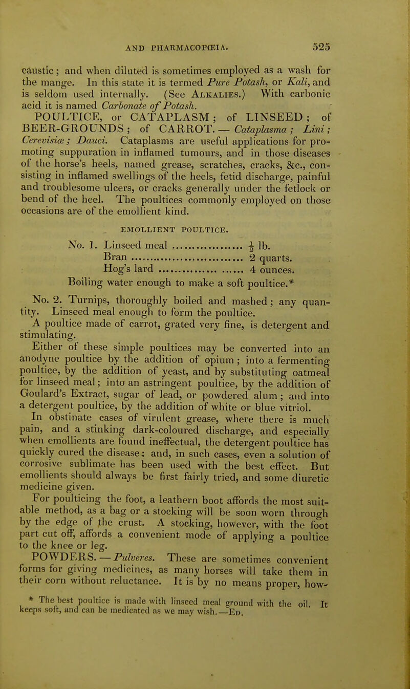 caustic; and when diluted is sometimes employed as a wash for the mange. In this state it is termed Pure Potash, or Kali, and is seldom used internally. (See Alkalies.) With carbonic acid it is named Carbonate of Potash. POULTICE, or CATAPLASM; of LINSEED; of BEER-GROUNDS; of CARROT. — Cataplasma ; Lini; CerevisicB; Dauci. Cataplasms are useful applications for pro- moting suppuration in inflamed tumours, and in those diseases of the horse's heels, named grease, scratches, cracks, &c., con- sisting in inflamed swellings of the heels, fetid discharge, painful and troublesome ulcers, or cracks generally under the fetlock or bend of the heel. The poultices commonly employed on those occasions are of the emollient kind. EMOLLIENT POULTICE. No. L Linseed meal 2 lb. Bran 2 quarts. Hog's lard 4 ounces. Boiling water enough to make a soft poultice.* No. 2. Turnips, thoroughly boiled and mashed; any quan- tity. Linseed meal enough to form the poultice. A poultice made of carrot, grated very fine, is detergent and stimulating. Either of these simple poultices may be converted into an anodyne poultice by the addition of opium ; into a fermenting poultice, by the addition of yeast, and by substituting oatmeal for linseed meal; into an astringent poultice, by the addition of Goulard's Extract, sugar of lead, or powdered alum; and into a detergent poultice, by the addition of white or blue vitriol. In obstinate cases of virulent grease, where there is much pain, and a stinking dark-coloured discharge, and especially when emollients are found inefifectual, the detergent poultice has quickly cured the dise^ise: and, in such cases, even a solution of corrosive sublimate has been used with the best effect. But emollients should always be first fairly tried, and some diuretic medicine given. For poulticing the foot, a leathern boot affords the most suit- able method, as a bag or a stocking will be soon worn throuo-h by the edge of fhe crust. A stocking, however, with the foot part cut off, affords a convenient mode of applying a poultice to the knee or les. O POWDERS.—Pulveres. These are sometimes convenient forms for giving medicines, as many horses will take them in their corn without reluctance. It is by no means proper, how- * The best poultice is made with linseed meal ground with the oil It keeps soft, and can be medicated as we may wish. En.