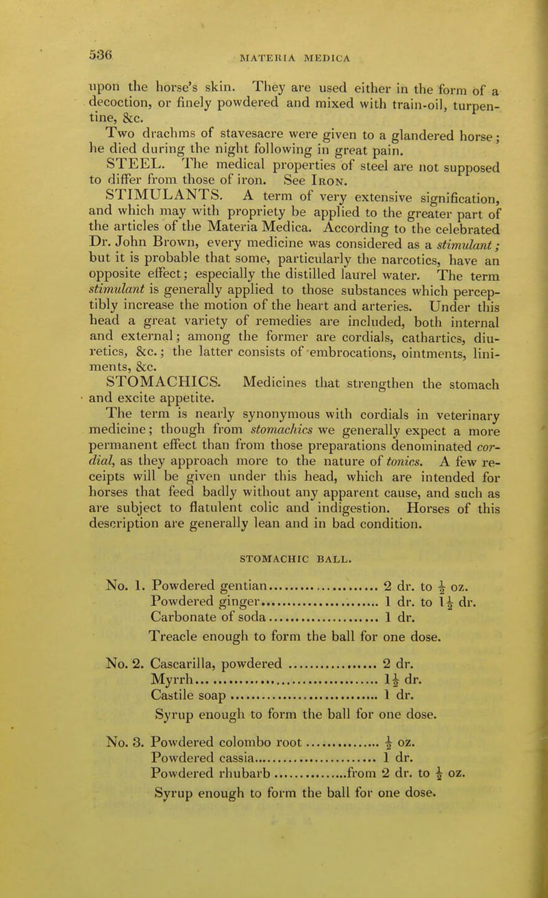 upon the horse's skin. They are used either in the form of a decoction, or finely powdered and mixed with train-oil, turpen- tine, &c. Two drachms of stavesacre were given to a glandered horse; he died during the night following in great pain. STEEL. The medical properties of steel are not supposed to differ from those of iron. See Iron. STIMULANTS. A term of very extensive signification, and which may with propriety be applied to the greater part of the articles of the Materia Medica. According to the celebrated Dr. John Brown, every medicine was considered as a stimulant; but it is probable that some, particularly the narcotics, have an opposite effect; especially the distilled laurel water. The term stimulant is generally applied to those substances which percep- tibly increase the motion of the heart and arteries. Under this head a great variety of remedies are included, both internal and external; among the former are cordials, cathartics, diu- retics, &c.; the latter consists of'embrocations, ointments, lini- ments, &c. STOMACHICS. Medicines that strengthen the stomach and excite appetite. The term is nearly synonymous with cordials in veterinary medicine; though from stomachics we generally expect a more permanent effect than from those preparations denominated cor- dial, as they approach more to the nature of tonics. A few re- ceipts will be given under this head, which are intended for horses that feed badly without any apparent cause, and such as are subject to flatulent colic and indigestion. Horses of this description are generally lean and in bad condition. STOMACHIC BALL. No. 1. Powdered gentian 2 dr. to ^ oz. Powdered ginger 1 dr. to 1^ dr. Carbonate of soda 1 di'. Treacle enough to form the ball for one dose. No. 2. Cascarilla, powdered 2 dr. Myrrh H dr. Castile soap 1 dr. Syrup enough to form the ball for one dose. No. 3. Powdered Colombo root ^ oz. Powdered cassia 1 dr. Powdered rhubarb from 2 dr. to ^ oz. Syrup enough to form the ball for one dose.