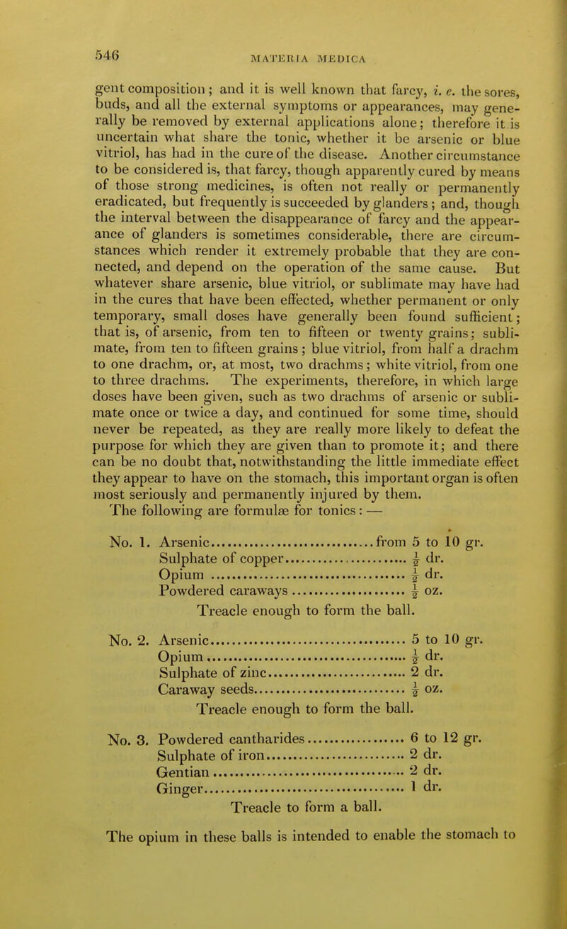 gent composition; and it is well known that farcy, i. e. the sores, buds, and all the external symptoms or appearances, may gene- rally be removed by external applications alone; therefore it is uncertain what share the tonic, whether it be arsenic or blue vitriol, has had in the cure of the disease. Another circumstance to be considered is, that farcy, though apparently cured by means of those strong medicines, is often not really or permanently eradicated, but frequently is succeeded by glanders; and, though the interval between the disappearance of farcy and the appear- ance of glanders is sometimes considerable, there are circum- stances which i-ender it extremely probable that they are con- nected, and depend on the operation of the same cause. But whatever share arsenic, blue vitriol, or sublimate may have had in the cures that have been effected, whether permanent or only temporary, small doses have generally been found sufficient; that is, of arsenic, from ten to fifteen or twenty grains; subli- mate, from ten to fifteen grains; blue vitriol, from half a drachm to one drachm, or, at most, two drachms; white vitriol, from one to three drachms. The experiments, therefore, in which large doses have been given, such as two drachms of arsenic or subli- mate once or twice a day, and continued for some time, should never be repeated, as they are really more likely to defeat the purpose for which they are given than to promote it; and there can be no doubt that, notwithstanding the little immediate effect they appear to have on the stomach, this important organ is often most seriously and permanently injured by them. The following are formulae for tonics : — No. 1. Arsenic from 5 to 10 gr. Sulphate of copper | dr. Opium ^ dr. Powdered caraways \ oz. Treacle enough to form the ball. No. 2. Arsenic 5 to 10 gr. Opium ^ dr. Sulphate of zinc 2 dr. Caraway seeds ^ oz. Treacle enough to form the ball. No. 3. Powdered cantharides 6 to 12 gr. Sulphate of iron 2 dr. Gentian 2 dr. Ginger 1 dr. Treacle to form a ball. The opium in these balls is intended to enable the stomach to